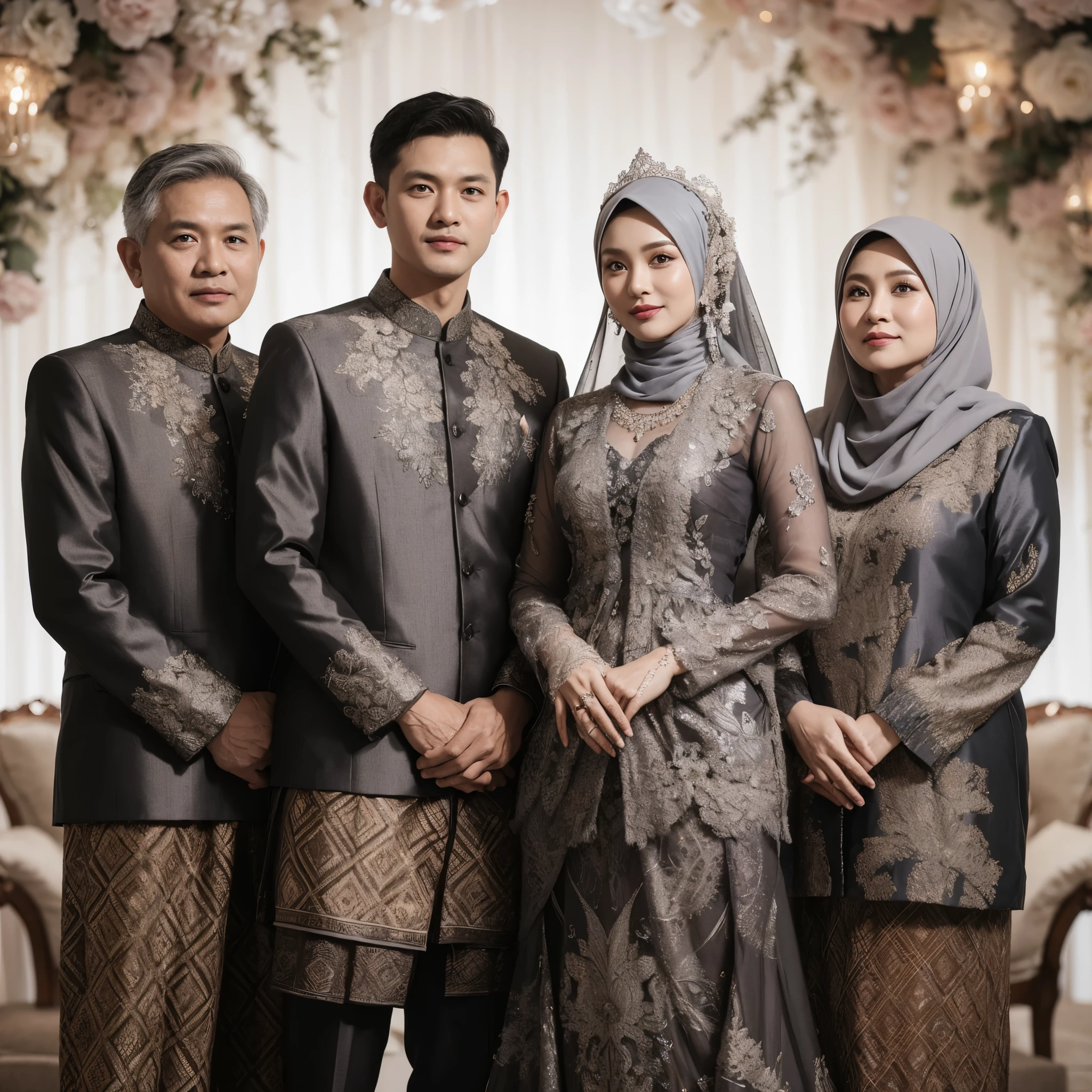 Indonesian wedding photo, the groom is wearing dark gray batik and matching trousers, the bride is wearing a matching dark gray kebaya dress, wearing a hijab, on her right and left are her 45 year old father and mother, wearing matching batik clothes, wide shot, professional pose, luxurious wedding decoration background, looks very detailed, simple natural make-up, white lighting from the front, the photo results are extraordinarily good