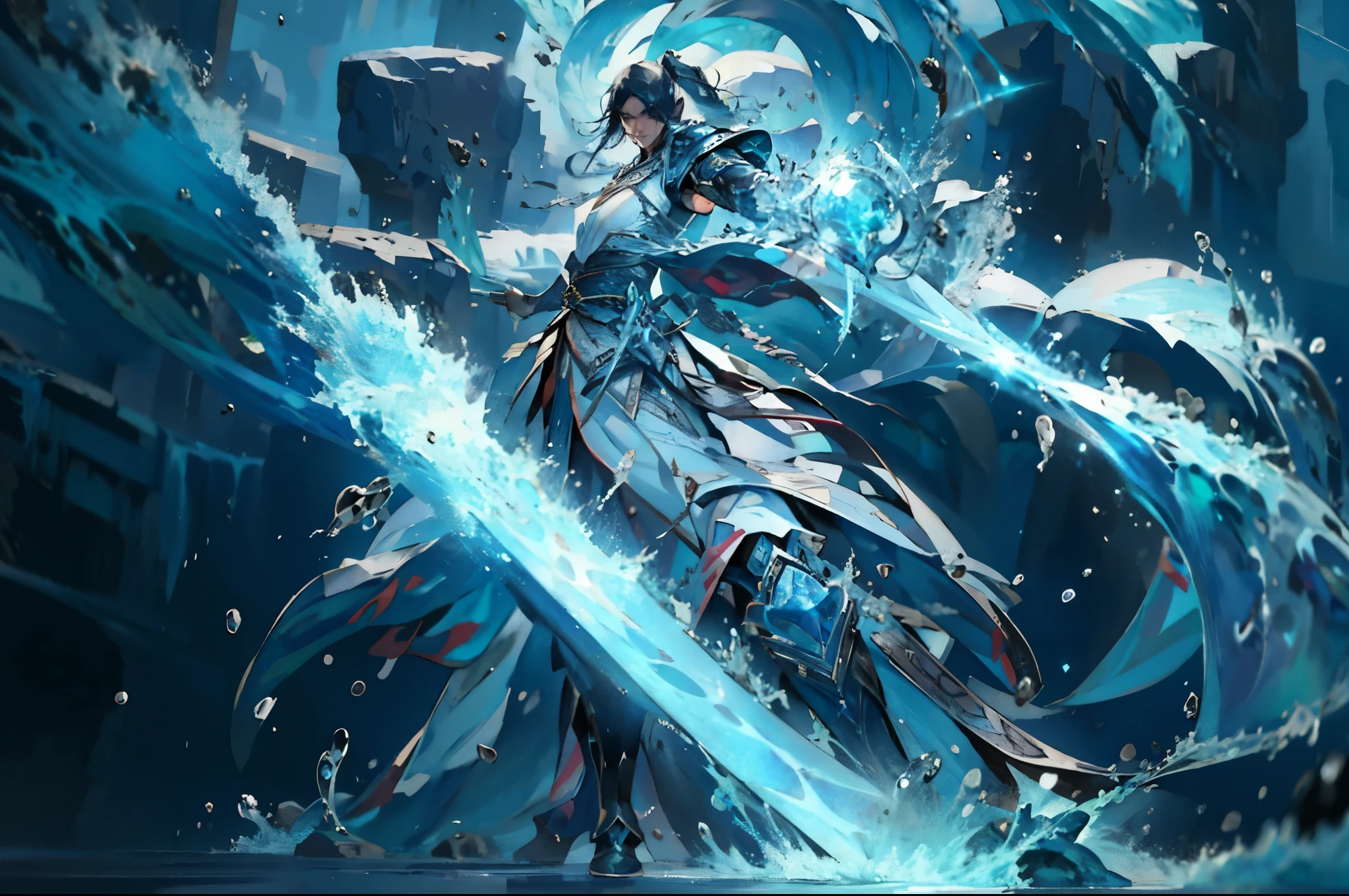 Close-up of a man holding a sword and sword, 8k high definition wallpaper jpeg artifact, 8k high definition wallpaper jpeg artifact, Ice Crystal Armor, Silver ice reflective armor, epic fantasy weapon art, Epic fantasy digital art style, Death knight, High quality digital concept art, glowing sword, Wearing ethereal armor, ice king,[[Splashing water，Realistic splashes，Gorgeous water splash，Armor mask]]，Background splash，Splash background