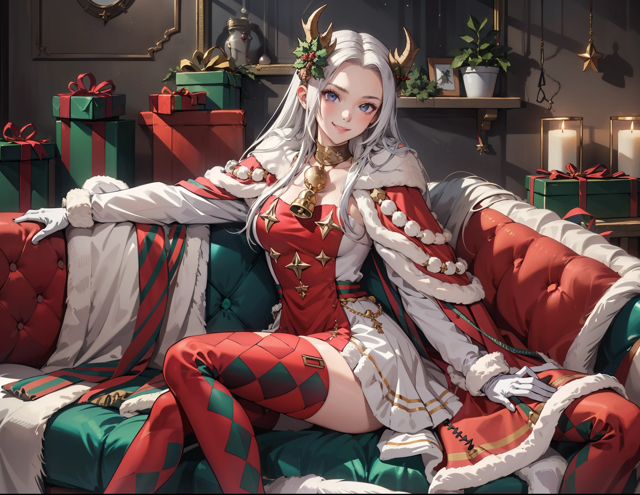 best quality, 1girl, looking at viewer, smile, head on hand, xmasEdelgard, hair ornament, horns, white gloves, short dress, fur trim, neck bell, thighhighs, argyle legwear, cape, indoors, couch, cozy, christmas