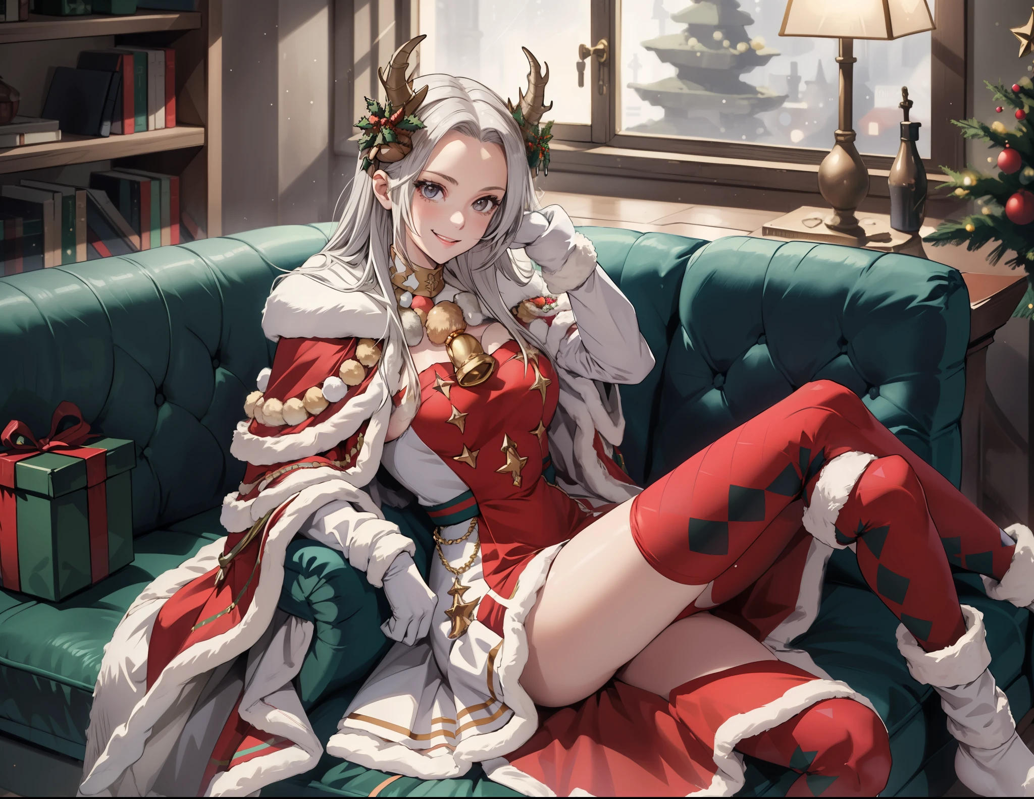 best quality, 1girl, looking at viewer, smile, head on hand, xmasEdelgard, hair ornament, horns, white gloves, short dress, fur trim, neck bell, thighhighs, argyle legwear, cape, indoors, couch, cozy, christmas