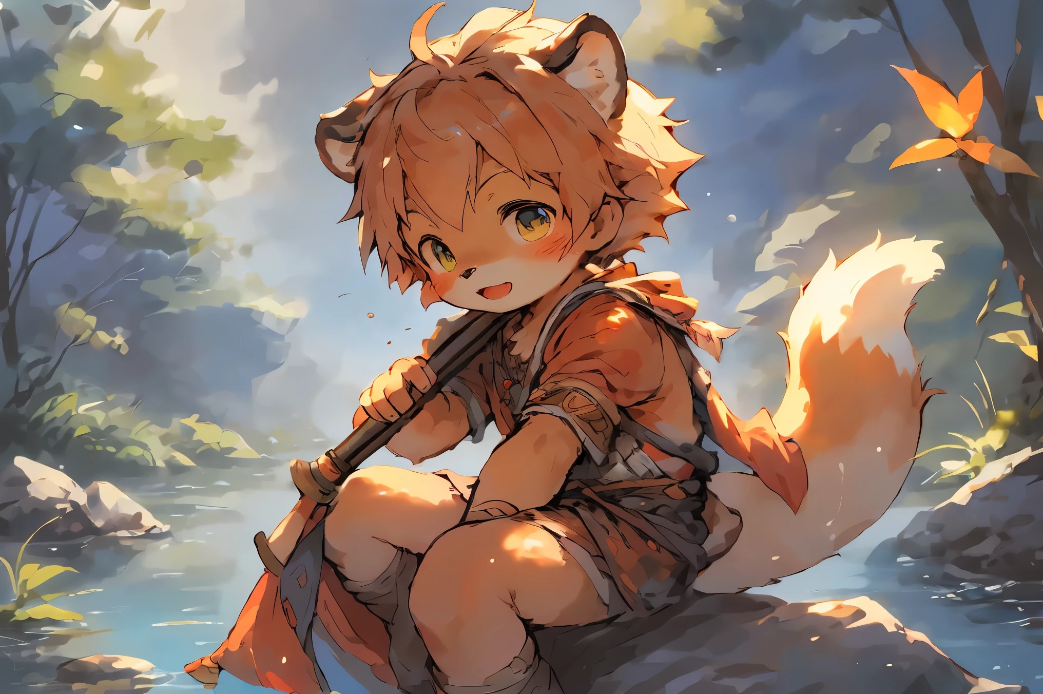 Anime style illustration of fox fishing with fishing rod in river, Cute and detailed digital art, Very very beautiful furry art, Detailed fanart, high-quality wallpaper, dress up as a fisherman 🧥, furry fantasy art, Popular topics on artstation pixiv, High-quality fanart, Human fox, cute fox(,Libido boy,male people,is sitting on a rock,Shota,boy face),by Pino Deheni, Kanikai, Milk Tiger 1145, Dagasi, ys,