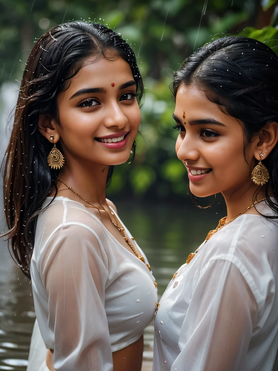 Indian woman in saree holding umbrella in the rain, City streets, soft light rays, realistic skin texture, extreme skin details, insane details, intricate details, amazing fine detail, photorealistic, photograph, realistic, realism, photorealism, film grains, lifelike texture, dynamic composition, contrast lighting, sharp focus, raw photo, photon metering, analog photo style, photography with Hasselblad camera, f5.6 lens 500mm, Kodak Portra 400 4x 5