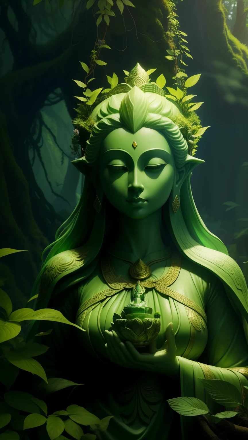 Goddess of the mossy earth，myth, nature goddess, nature goddess, Guan yin, fantasy stills, Movie goddess close up, Jungle goddess, Movie goddess shooting, Nature, 南海Guan yin, woman made of plants, mother earth, Very detailed shot of the goddess，green statue，green overlooks the green cliff tops below，green grass，The top of the mountain is flat，The cliff is carved with a statue of Maitreya Buddha，beautiful，fresh air，cloud，intricate details，16k，Rich in details，realistically，special effects，green，light，Holographic display，Upper body effect