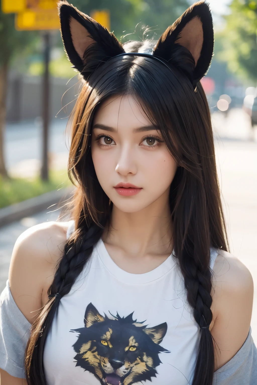 haze,t-shirt, animal ears, yellow eyes, nose piercing, Casual Wear, portrait, amazing, hair past shoulders, hoodless, beautiful, 4K