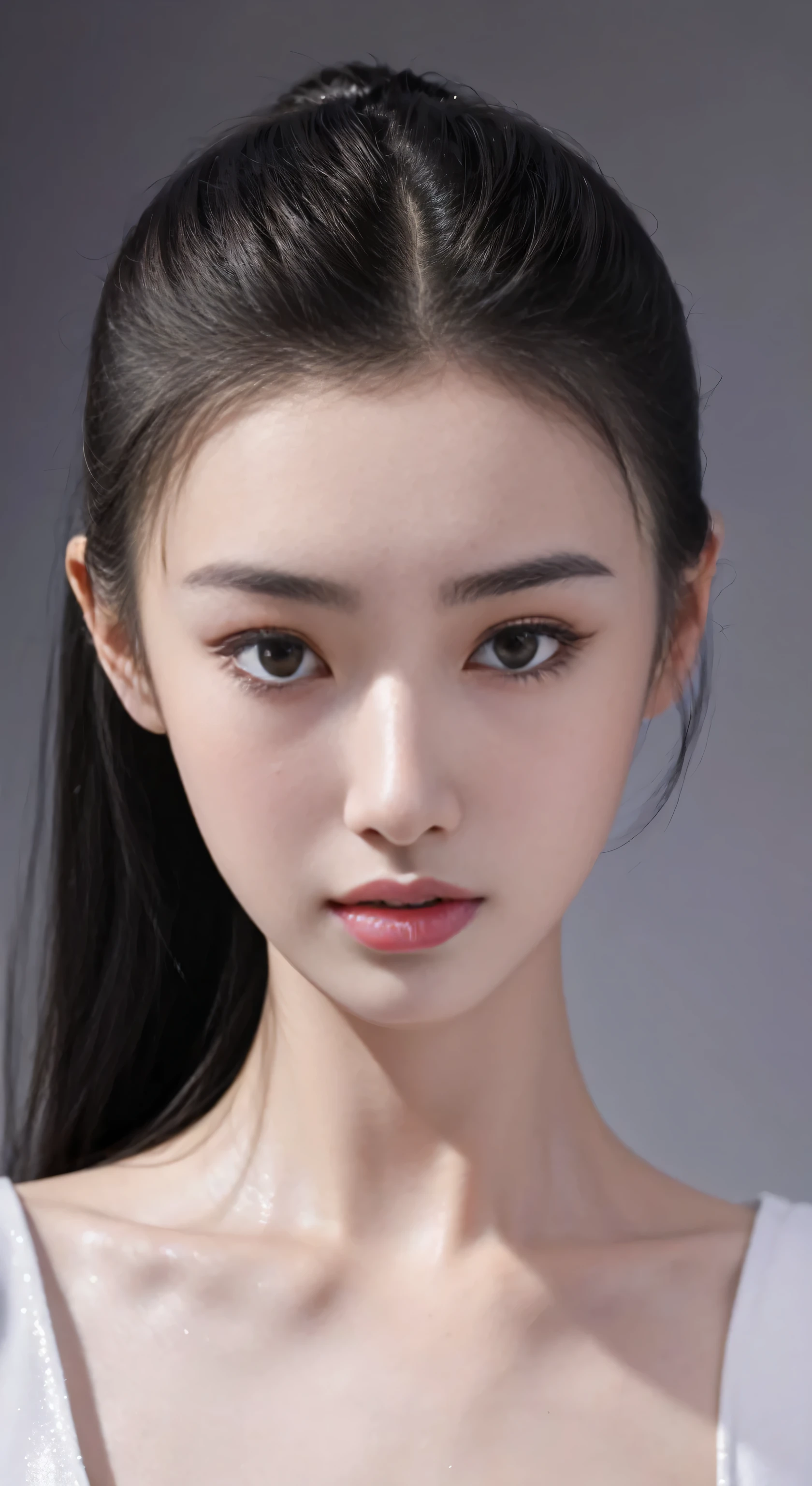 fashion model 18 years old [[[[face close-up]]]], [[[[]]]], [[[[rape]]]], perfect eyes, perfect iris，perfect lips，perfect teeth，Perfect skin，Has fair skin，long face，slender nose，女孩s face，((Chinese ballet dancer&#39;s face))，Keep your eyes on the camera，一张精致s face，take off shoulders，show your neck，Sexy，Slim，（face close-up:1.8），gray background，4K Ultra HD, ultra high resolution, (lifelike: 1.4), best quality，masterpiece，（pastel colors：1.2），（front view 1.8)