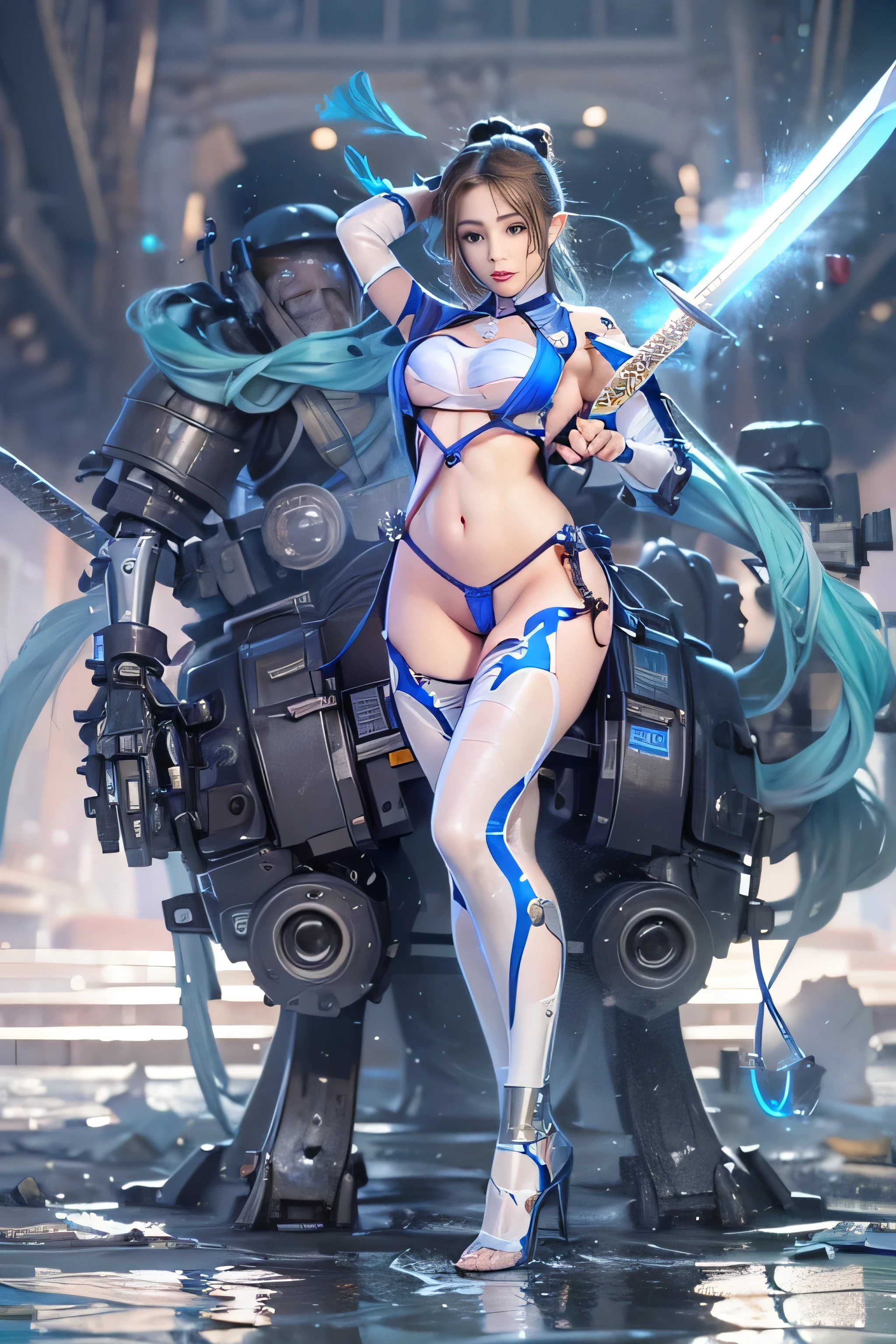 (RAW image quality:1.4), (NSFW), ((1 female:1.4)), one personで, , 7 head and body, (cute face), (Beautiful shining blue eyes:1.4), (ideal body proportions), (An android with a mechanized left leg and left arm.:1.4), (platinum metal machinery), length , chest fantasy, cleavage, big breasts, (Underboo Boo:1.4), magic effect, ((small and thin costumes:1.4)), (((Exposed raw skin:1.4))), ((exposure of the lower abdomen:1.4)), (Costumes that dig into the crotch), (pubic hair), (has a big sword:1.4), , strong wind, My clothes are transparent, Wet, short hair, black hair, , thin, small ass, beautiful feet, thin脚, surrealism, cinematic lighting, written boundary depth, one person'point of view, f/1.8, 135mm, nffsw, battle pose, table top, Accurate, ((anatomically correct)), rough skin, Super detailed, advanced details, high quality, award-winning, 最high quality, High resolution, 8k