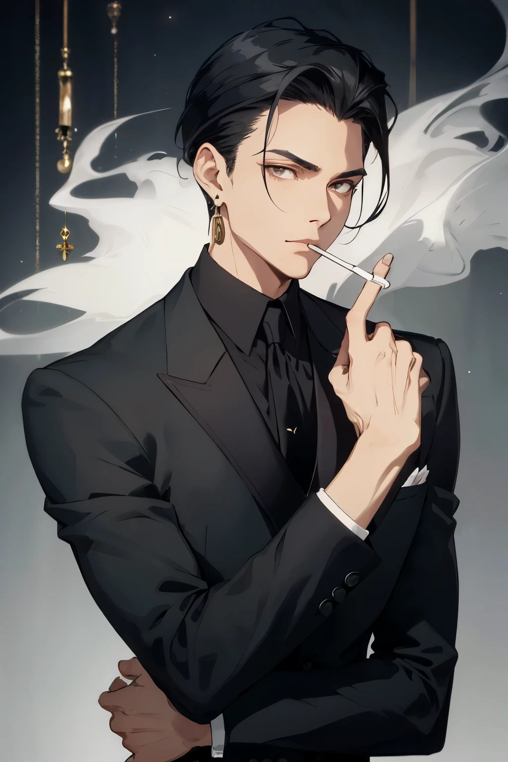 In the captivating image, a single boy is depicted with best quality, meticulous detail. His raven-black hair slicked back, adding to his suave and mysterious demeanor. A delicate necklace adorns his toned neck, complementing the elegance of his upper body. A sophisticated suit hugs his form, the fabric displaying the finesse of his every curve. He casually holds a cigarette between his fingers, the smoke gently wafting upwards, adding an allure to his character. Earrings, subtle yet noticeable, sparkle in the light, emphasizing his fashionable attire. The overall image exudes an air of sophistication and confidence, celebrate the