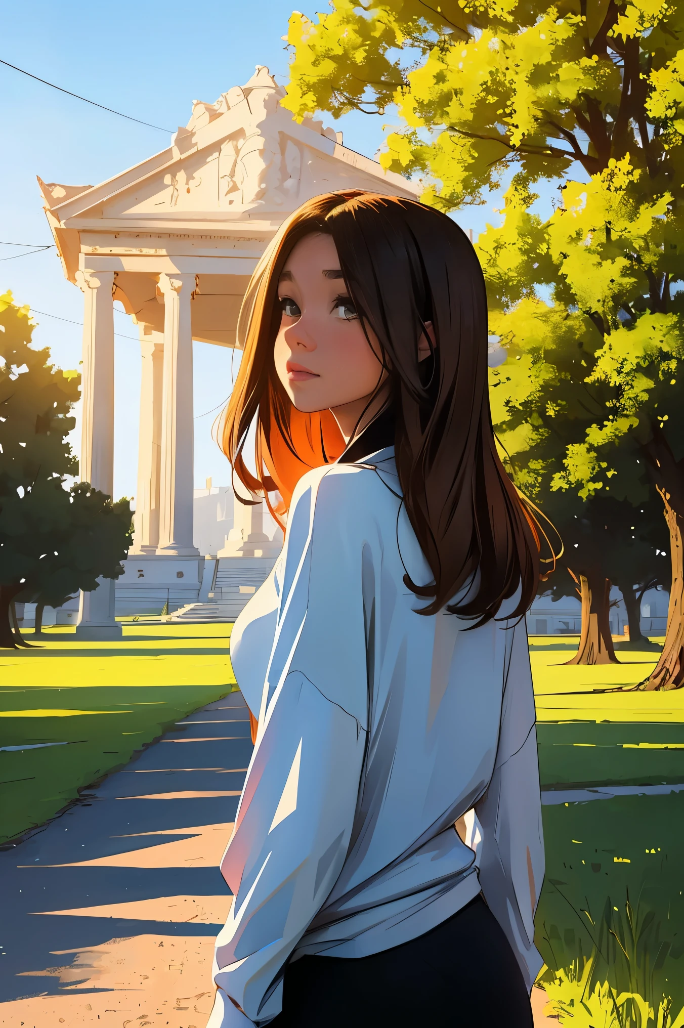 Buildings are faintly visible in the distance, trees are lush, and a lawn is spread out in front of them.. A woman looking at that figure,(whole body)illustration of a woman standing in a field with a dog,Anime Female, realistic mature woman, illustration, Anime Female은 공원 들판을 본다, realistic art style, Realistic anime art style, Realistic anime art style, Ilya Kuvshinov with long brown hair, in anime style, Woman in front of a mysterious park(masterpiece:1.4), (best quality:1.4),Woman wearing tight sportswear,vivid colors, soft focus, light leak, dreamy atmosphere, experimental charm, Retro charm break color field painting, various colors, abstract expressionism, Bold colors, emotional impact, atmospheric depth, MINIMALIST APPROACH BREAK, Beautiful woman, UHD (ultra detail) viewers who see it.., different, fancy, long hair dyed brown🌈, leggings clothing, White stardust in dark areas, absurd, high resolution, very detailed, (1 woman : ), vivid colors, soft focus, light leak, Ilya Kuvshinov landscape, style of Alena Anami, art of Alena Anami, Reusch |, With the city in the background, rostran. scenic background, Alena Anami(Alena Anami)inspired work, artistic. Alena Anami, Atei Gailan(Atei Gailan)
