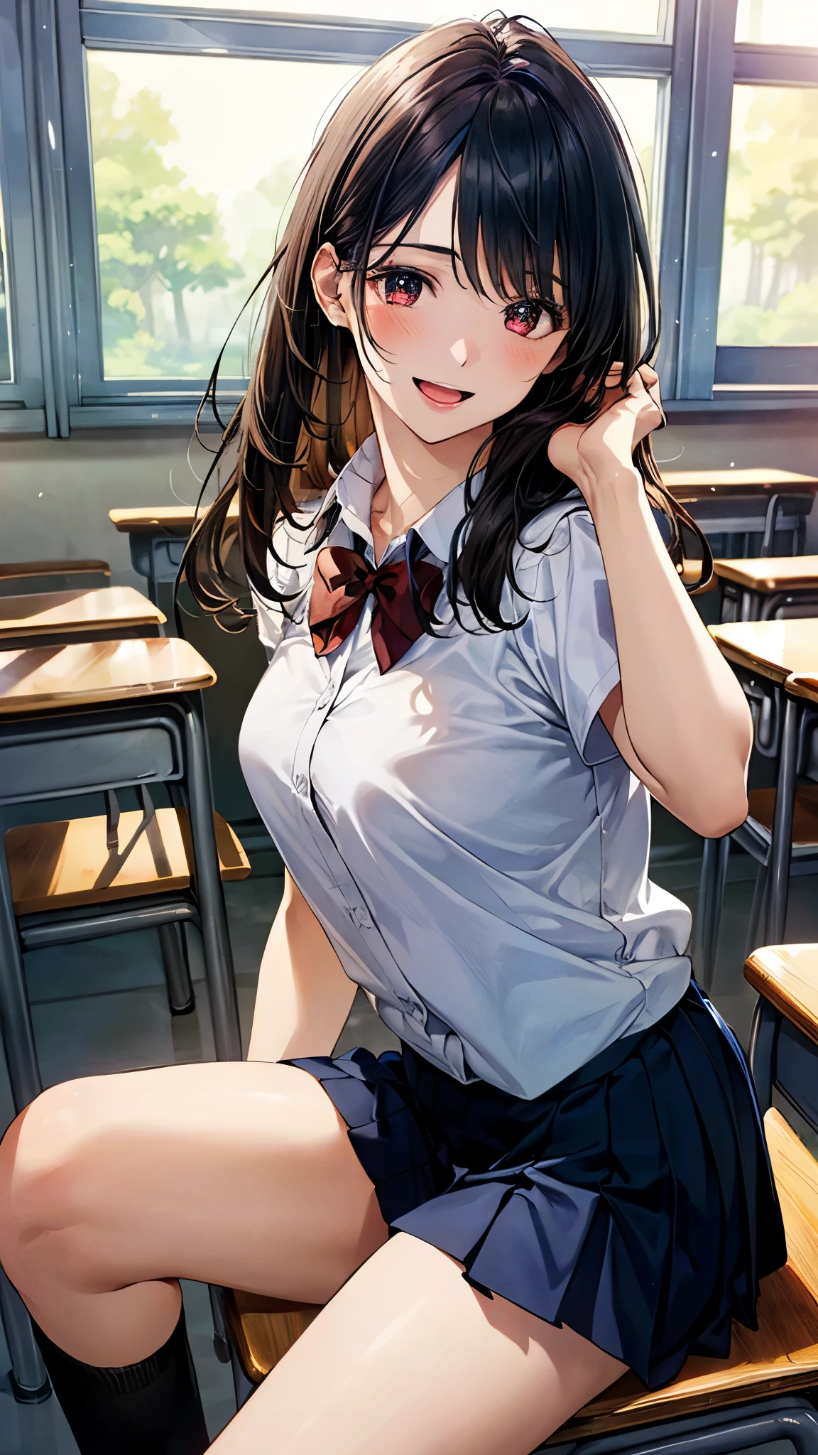 (masterpiece:1.2, top-quality), (realistic, photorealistic:1.4), beautiful illustration, (natural side lighting, movie lighting),
looking at viewer, (extreme close-up, from side), 1 girl, japanese, high school girl, perfect face, (perfect anatomy), cute and symmetrical face, shiny skin,
(middle hair, straight hair, black hair), asymmetrical bangs, dark red eyes, long eye lasher, (medium breasts, seductive thighs, big ass),
beautiful hair, beautiful face, beautiful detailed eyes, beautiful clavicle, beautiful body, beautiful chest, beautiful thigh, beautiful legs,
((insanely detailed clothes, white collared shirt, navy pleated skirt, dark red bow tie)),
(beautiful scenery), depth of field, evening, (school classroom, during class, sitting school chair, hands up, elbows on school desk), (happy smile, upper eyes, open mouth),