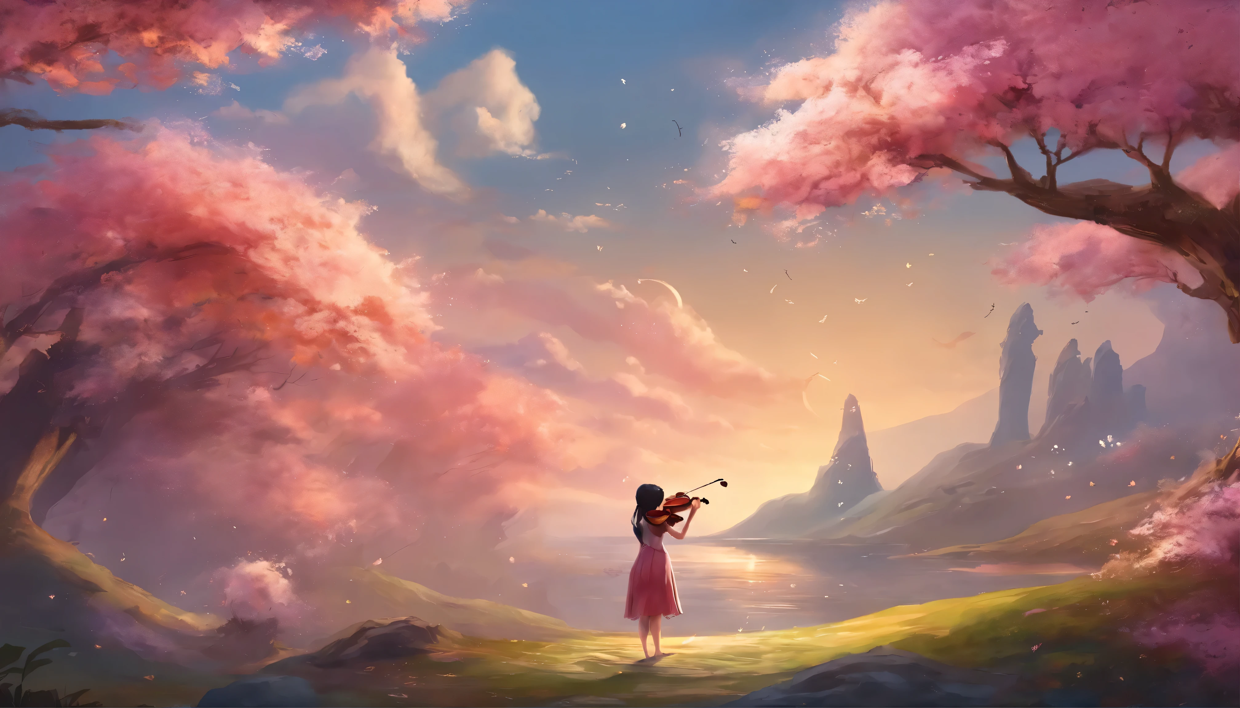 Animation scene of little girl playing violin under cherry blossom tree, Xin Haicheng!, ( ( Xin Haicheng ) ), Xin Haicheng!!, studio glibly Xin Haicheng, style of Xin Haicheng, Xin Haicheng, in style of Xin Haicheng, Xin Haicheng style, Xin Haicheng art style