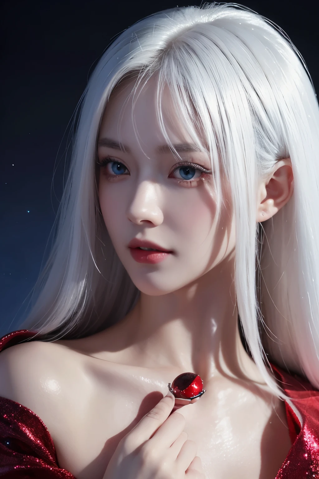 (simple hands:0.5)+(Detailed hands:0.7), (masterpiece), (best quality), white hair, red Eye,1 girl, pale skin, white hair, red Eye, two tone hair, eyelash, Smile, skin sparkling, shiny hair, Detailed and majestic stage, fantasy, long hair, 1 girl, bicolor hair, night sky, 令人难以置信的细致CG插画masterpiece, looking at you, , beautiful detailed Eye, Eye, glittering Eye, red Eye, 