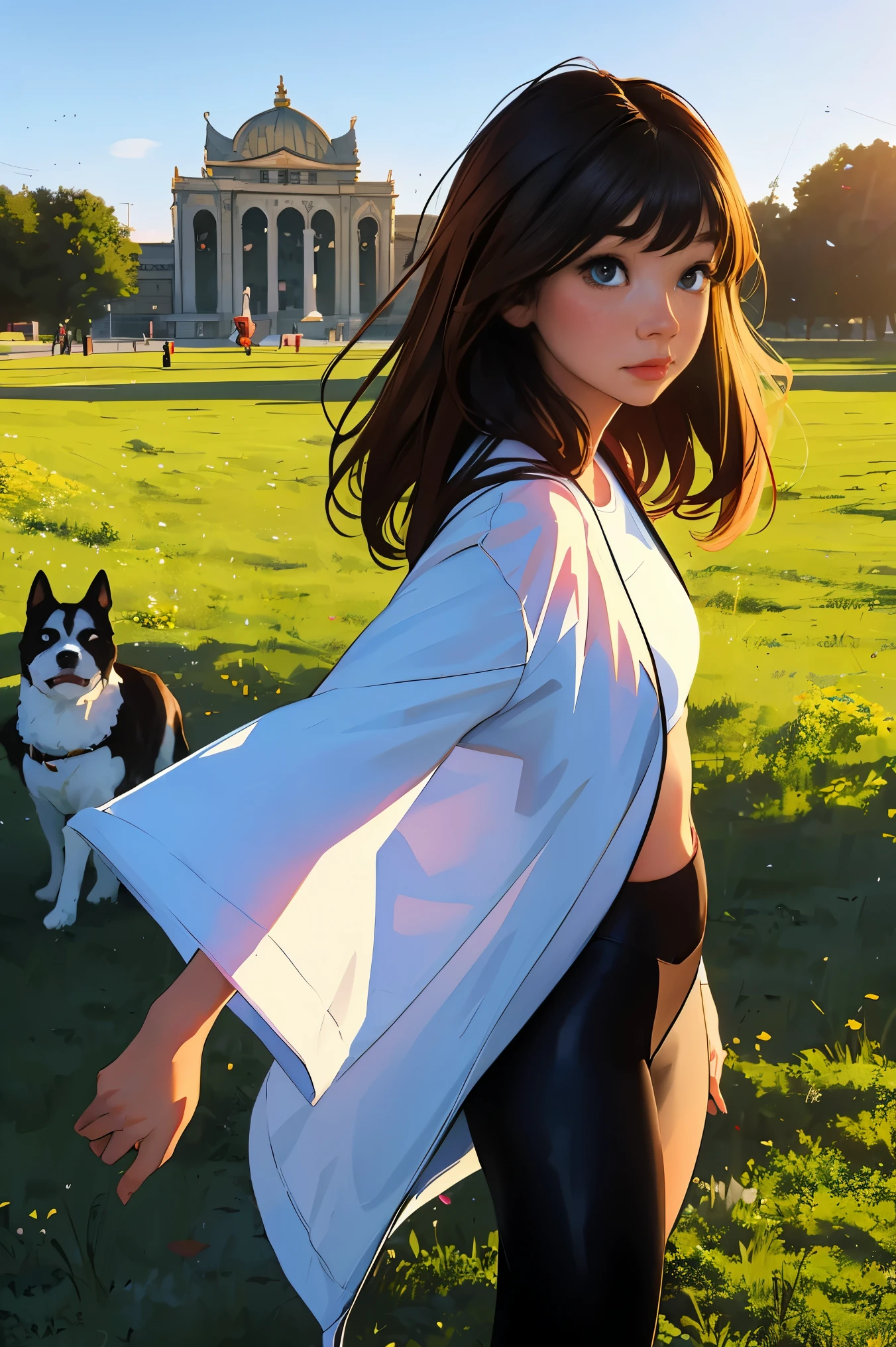 삽화 of a woman standing in a field with a dog,Anime Female, realistic mature woman, Anime Female은 공원 들판을 보다 머리를 돌여 뒤돌아 본다 (whole body), realistic art style, Realistic anime art style, Realistic anime art style, Ilya Kuvshinov with long brown hair, in anime style, Woman in front of a mysterious park(masterpiece:1.4), (best quality:1.4),Woman wearing tight black leggings workout clothes,put both hands in white jacket,vivid colors, soft focus, light leak, dreamy atmosphere, experimental charm, Retro charm break color field painting, various colors, abstract expressionism, Bold colors, emotional impact, atmospheric depth, MINIMALIST APPROACH BREAK, Beautiful woman, UHD (ultra detail) viewers who see it.., different, fancy, long hair dyed brown🌈, leggings clothing, White stardust in dark areas, absurd, high resolution, very detailed, (1 woman : ), vivid colors, soft focus, light leak, Ilya Kuvshinov landscape, style of Alena Anami, art of Alena Anami, Reusch |, With the city in the background, rostran. scenic background, Alena Anami(Alena Anami)inspired work, artistic. Alena Anami, Atei Gailan(Atei Gailan)