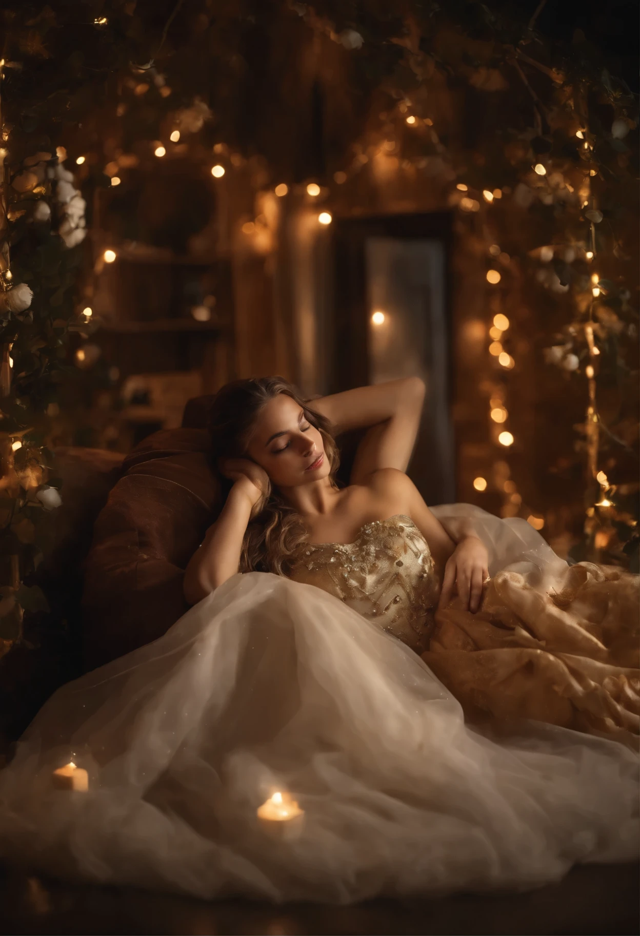 A young woman draped in luxurious gold jewelry rests inside a crystal clear apple, against a backdrop of starry skies and a picturesque rural town decorated for Easter. A heavenly and earthly combination that delights the eyes.