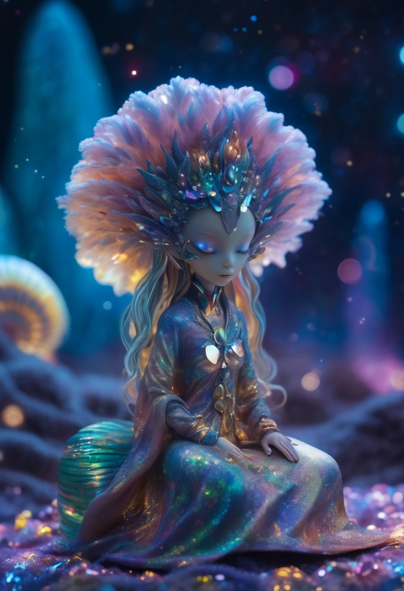 " Girl from the stars, (shimmering fur), celestial antennae, shell of wonder, planetary dreamscape, (cosmic enchantment), surreal artistry, vibrant and alien palette",kneeling, wide shot, f/1.8, bokeh