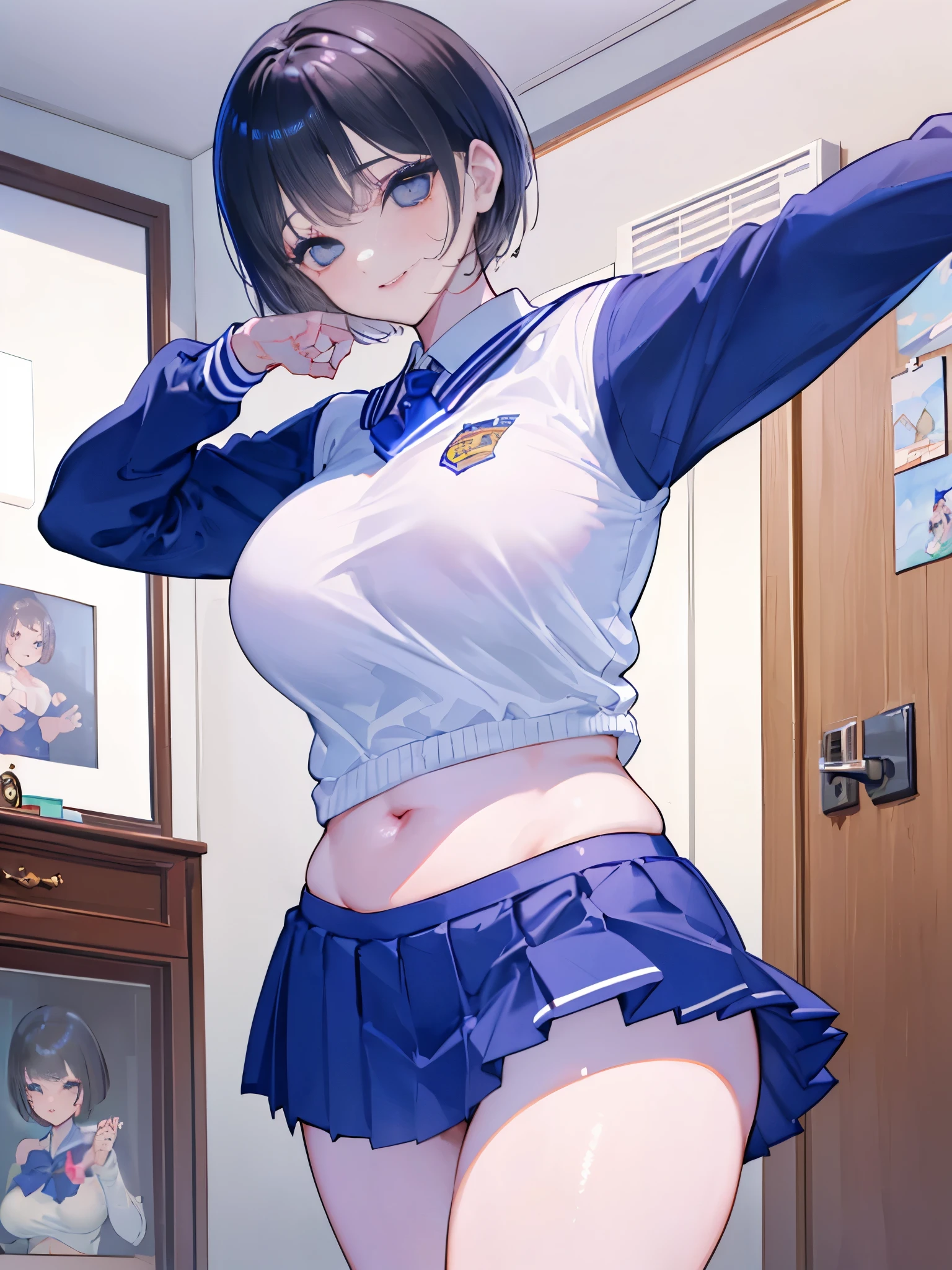 "(perfect masterpiece:1.2), (highest quality:1.2), stunning face, uniform, mature and chubby, Big eyes, compensate, long and luxurious eyelashes, lip whole, irresistible charisma.",cheerleader,belly button,(((mature woman))),(((very short hair))),raised his arms,NSFW,smile,Are standing,Upper body,front