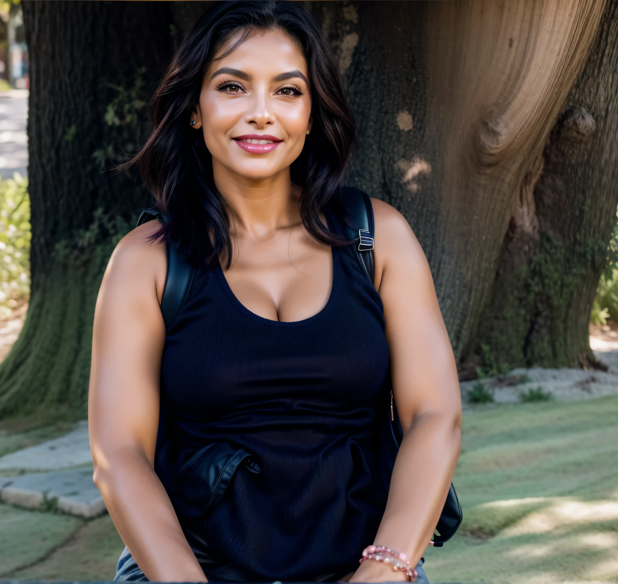 Woman sitting on a bench in front of a tree with a backpack, with a tree in the background. Mulher de pele branca e cabelos escuros. Ela tem cerca de 45 anos. Seus pink lips, seus olhos castanhos escuros, grandes e charmosos. Corpo magro, cintura fina. Your body exudes glamor and your face is the definition of beauty. altamente realista, lindo, pink lips, batom rosa, sorridente, feeling of lightness and joy, pele muito elaborada. foto clara, alta qualidade, high resolution, obra-prima, 8K.