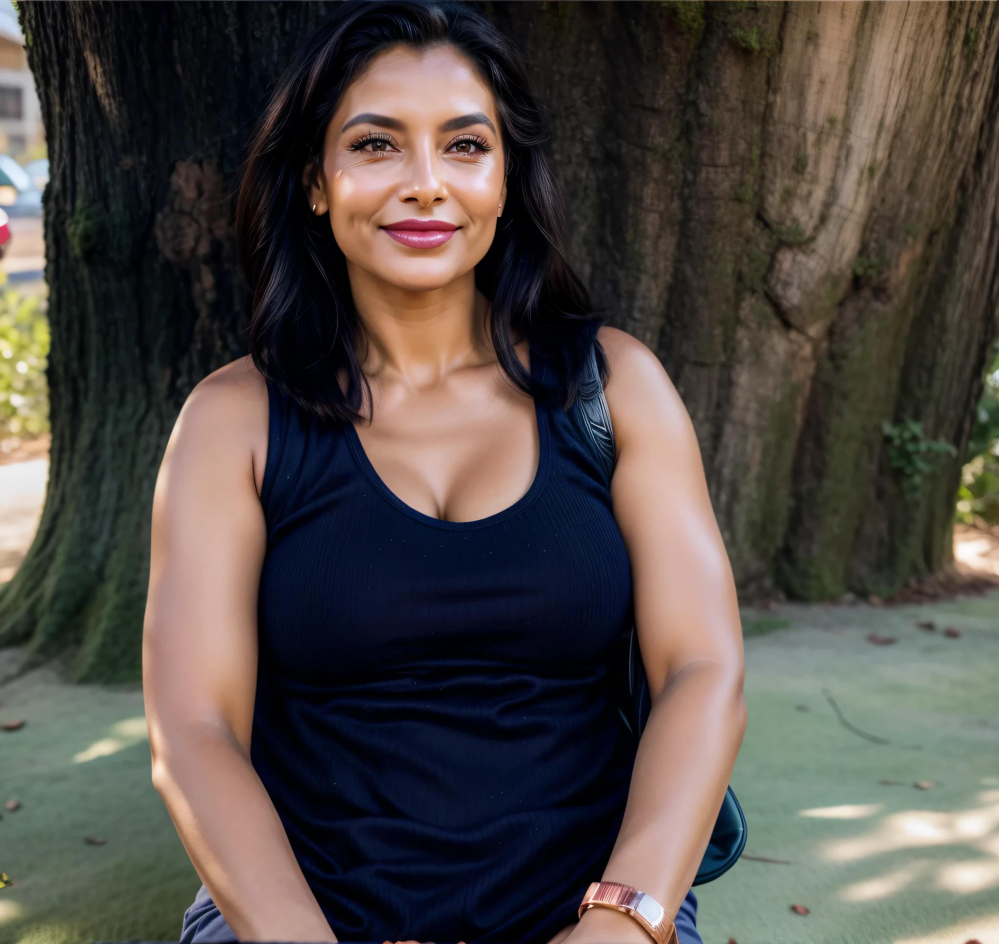 Woman sitting on a bench in front of a tree with a backpack, with a tree in the background. Mulher de pele branca e cabelos escuros. Ela tem cerca de 45 anos. Seus pink lips, seus olhos castanhos escuros, grandes e charmosos. Corpo magro, cintura fina. Your body exudes glamor and your face is the definition of beauty. altamente realista, lindo, pink lips, batom rosa, sorridente, feeling of lightness and joy, pele muito elaborada. foto clara, alta qualidade, high resolution, obra-prima, 8K.