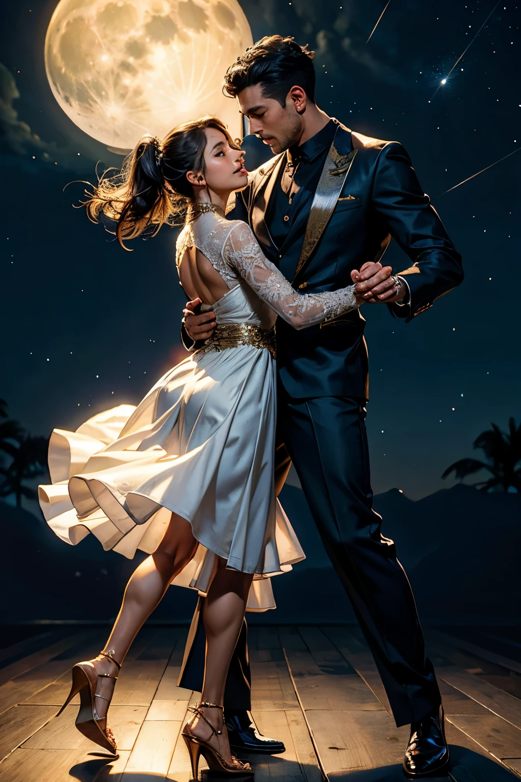 Ultra-detailed, Hyper-realistic: A Couple Dancing with Salsa or Bachata Style (Night, Full Moon, and Stars Background)
Amidst the tranquil night, a captivating dance unfolds between two passionate individuals. The man, with a confident gaze, holds his partner close, their bodies moving in perfect harmony as they execute salsa or bachata steps. His attire is impeccably detailed - the creases on his shirt, the intricate stitching on his slacks, and the polished leather of his shoes. In contrast, the woman's flowing dress cascades around her feet, its fabric shimmering under the