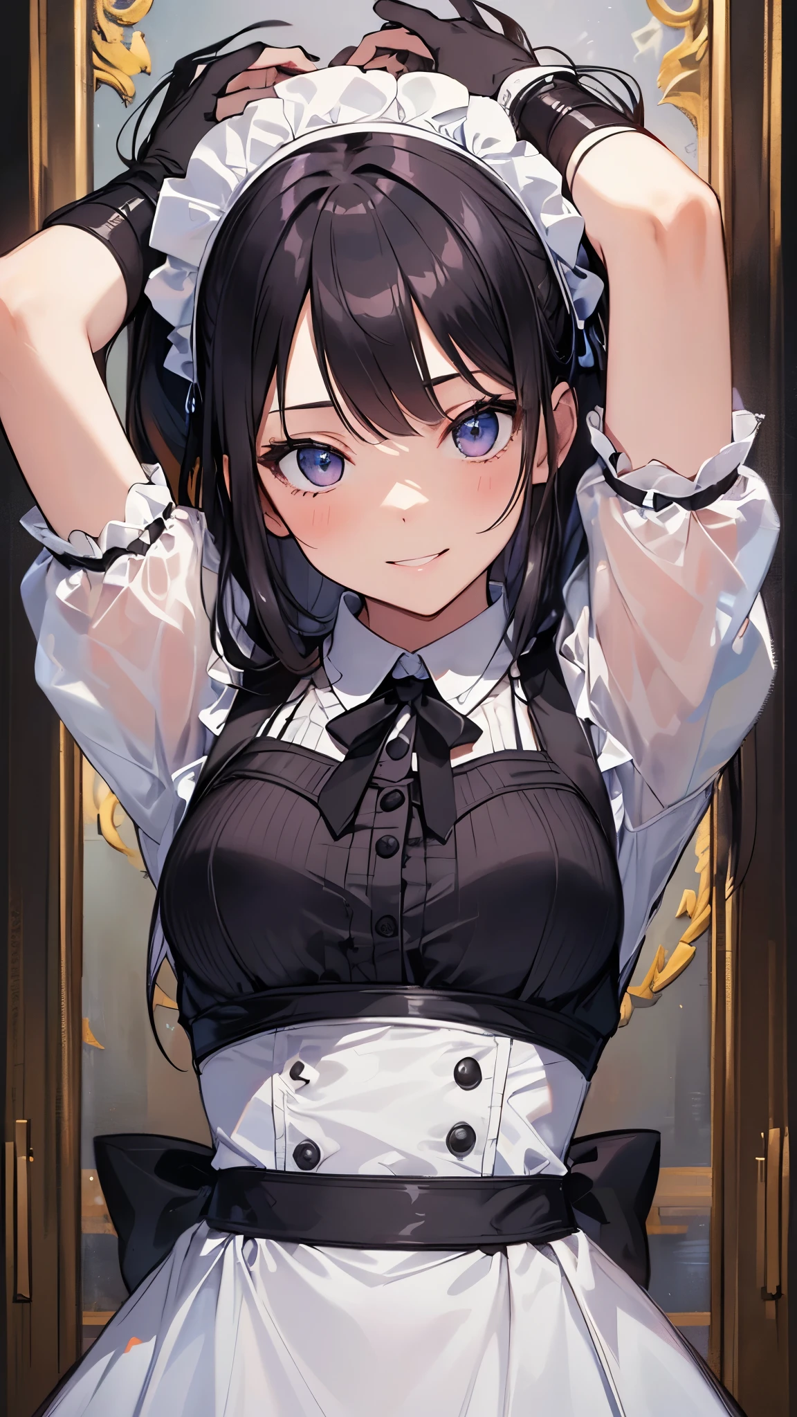 ((highest quality)),(ultra high resolution),(Super detailed),(detailed description),((best CG)),(best work of art),super precision art,amazing drawing art,(Art with precise details:1.5), (woman:1.8),((maid:1.5)),(beautiful and well-shaped face:1.6),(smile:1.5),(highest qualityのmaid服:1.7,various headbands:1.5),glamorous body:1.5,Good conduct,sense of cleanliness,refreshing