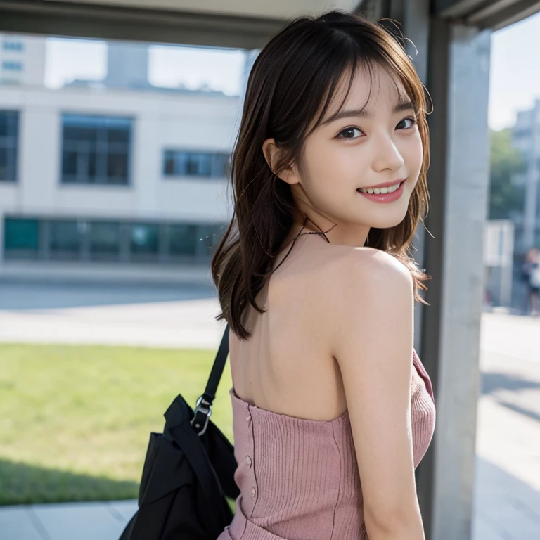 Ultra-realistic capture、A highly detailed、High resolution 16K human skin close-up。The skin texture is natural、、The pores are、Must be detailed enough to be finely identifiable。Skin should look healthy with even tones、Use natural light and color、8K, masutepiece, Raw photo, Best Quality, Photorealistic, ighly detailed、8K Picture Wallpaper, depth of fields, Lens Flare, Ray tracing, (Extremely beautiful face, Beautiful lips, Beautiful eyes), intricate detail face, ((Ultra detailed skin)) 1girl in, deepshadow, a cute Japanese girl, 1 girl, ((Looking at Viewer)),(Big smile:1.3), during daytime, In front of the station、(Blurred background), Clear eyes, Walking, (pale skin), (Big eyes), Face forward, (blonzs hairs), (Full body shot),((Wear office clothes))、 ((Wearing an office suit))、flat chest, (Back shot), ass forcus、Before the eyebrows,

