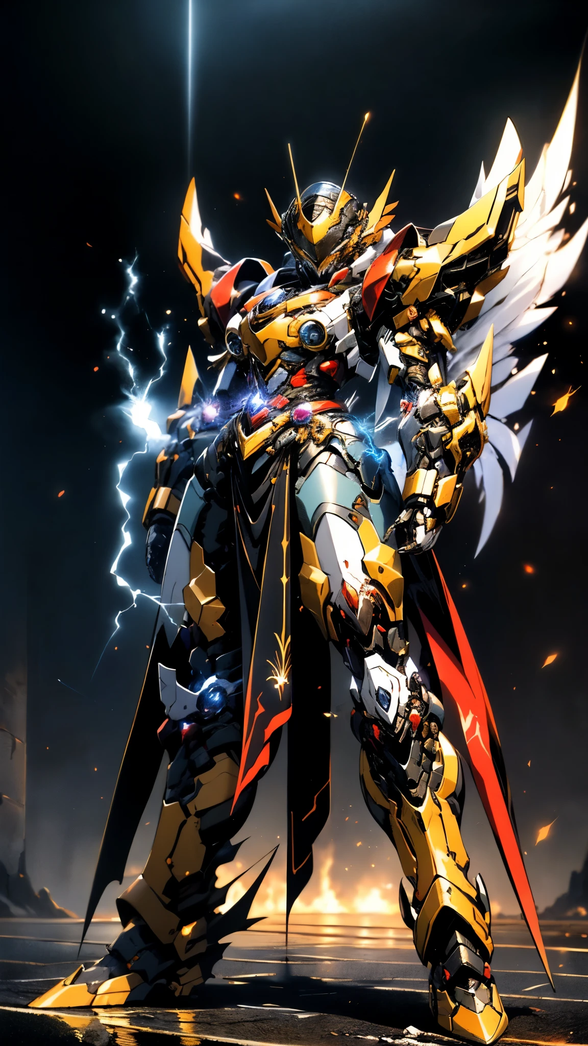 A woman adorned in fantasy-style full-body armor, a crown-concept fully enclosed helmet that unveils only her eyes, a composite layered chest plate, fully encompassing shoulder and hand guards, a lightweight waist armor, form-fitting shin guards, the overall design is heavy-duty yet flexible, ((the armor gleams with a golden glow, complemented by red and blue accents)), exhibiting a noble aura, she floats above a fantasy-surreal high-tech city, this character embodies a finely crafted fantasy-surreal style armored hero in anime style, exquisite and mature manga art style, (Queen bee mixed with Spider concept Armor, plasma, blood), ((Element, energy, elegant, goddess, femminine:1.5)), metallic, high definition, best quality, highres, ultra-detailed, ultra-fine painting, extremely delicate, professional, anatomically correct, symmetrical face, extremely detailed eyes and face, high quality eyes, creativity, RAW photo, UHD, 32k, Natural light, cinematic lighting, masterpiece-anatomy-perfect, masterpiece:1.5