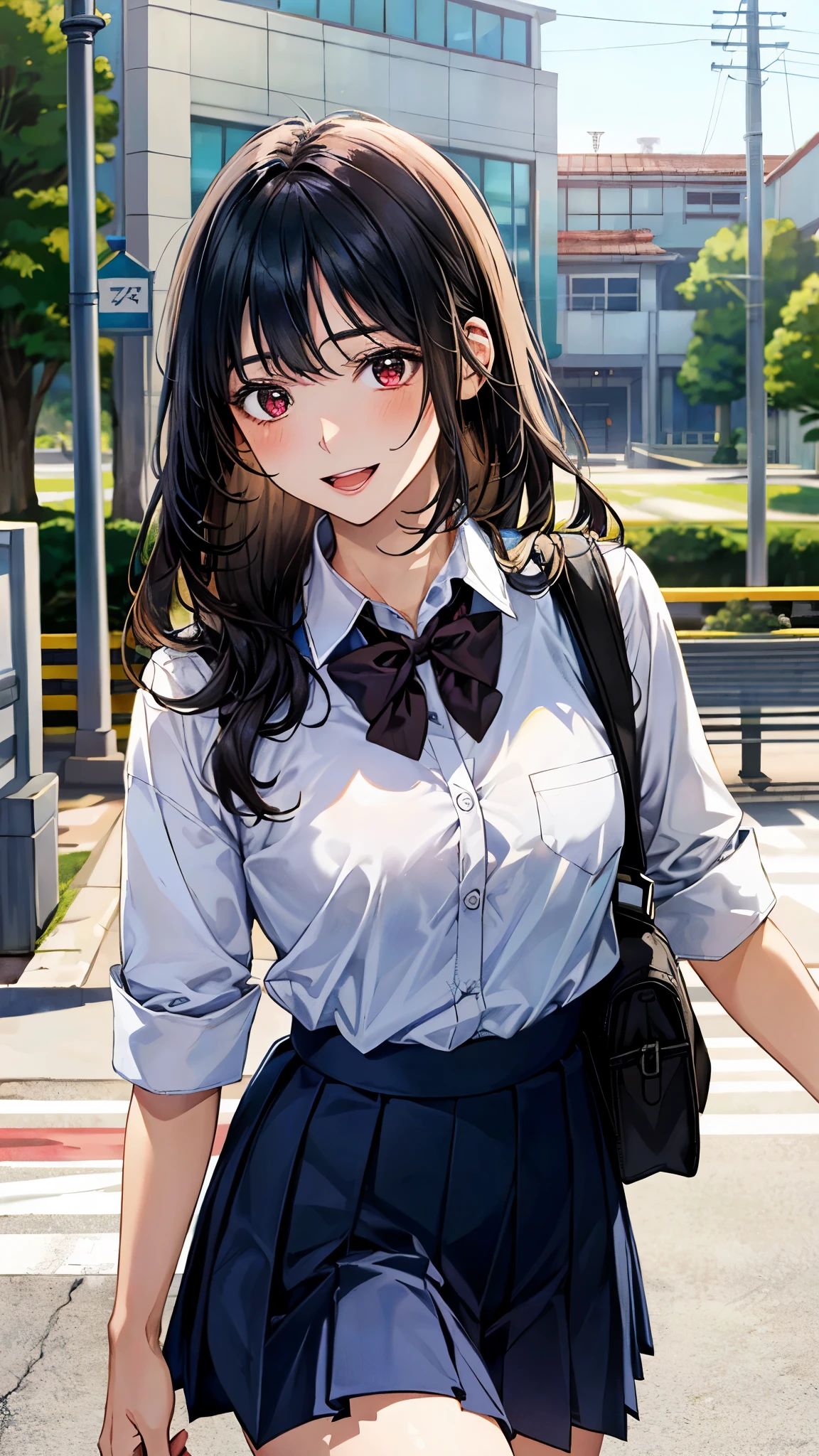 (masterpiece:1.2, top-quality), (realistic, photorealistic:1.4), beautiful illustration, (natural side lighting, movie lighting), 
looking at viewer, (extreme close-up, from side), 1 girl, japanese, high school girl, perfect face, (perfect anatomy), cute and symmetrical face, shiny skin, 
(middle hair, straight hair, black hair), asymmetrical bangs, dark red eyes, long eye lasher, (medium breasts, seductive thighs, big ass), 
beautiful hair, beautiful face, beautiful detailed eyes, beautiful clavicle, beautiful body, beautiful chest, beautiful thigh, beautiful legs, 
((insanely detailed clothes, white collared shirt, navy pleated skirt, dark red bow tie)), navy school bag, 
(beautiful scenery), depth of field, evening, (school yard), walking, leaning forward, clenched hand, (smile, open mouth),