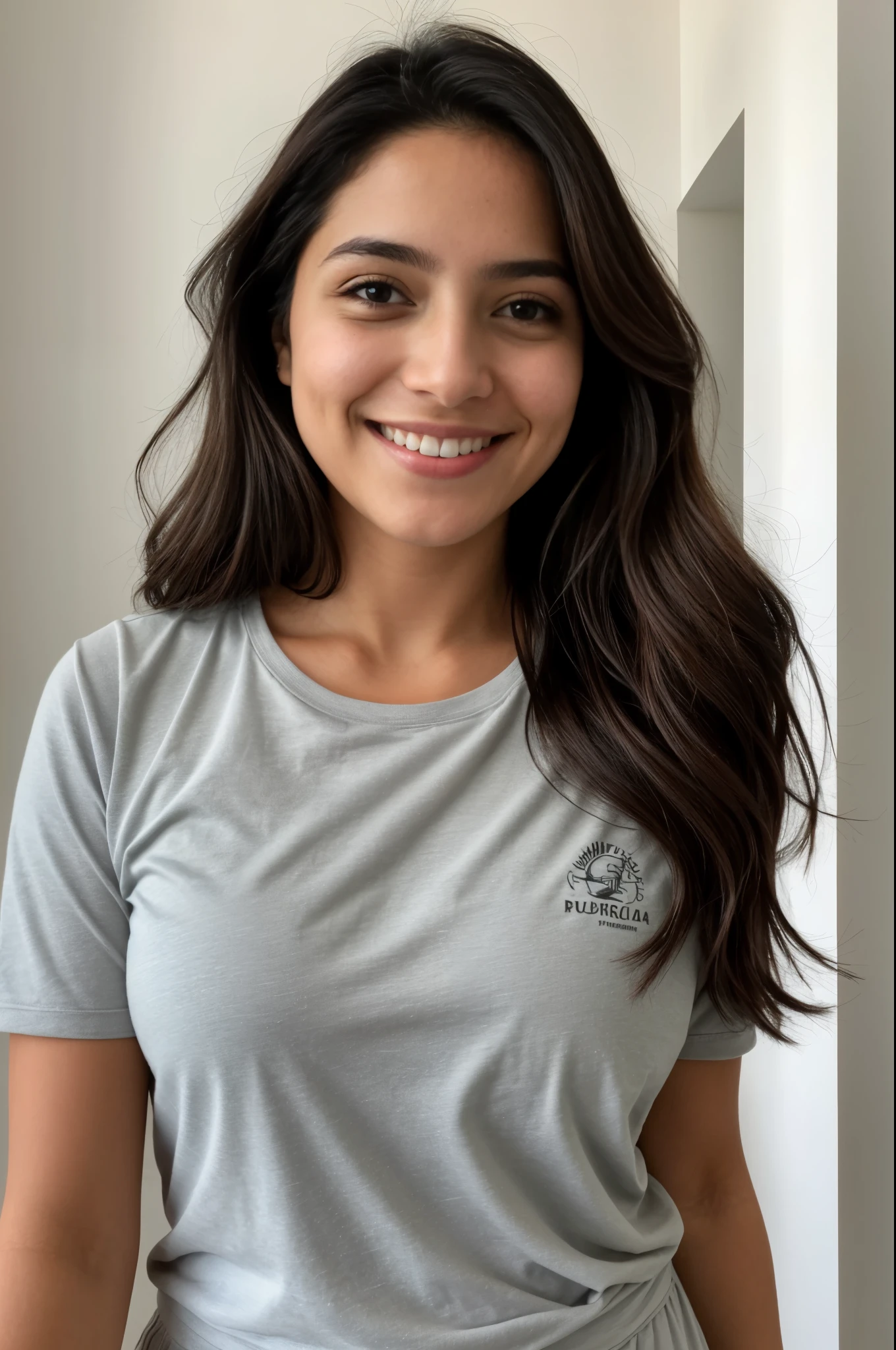 Foto CRU, foto de perfil, linda de 26 anos, mulher, rosto fofo, usando roupa de academia sorriso feliz, sombras leves, foto aleatorio, great lighting