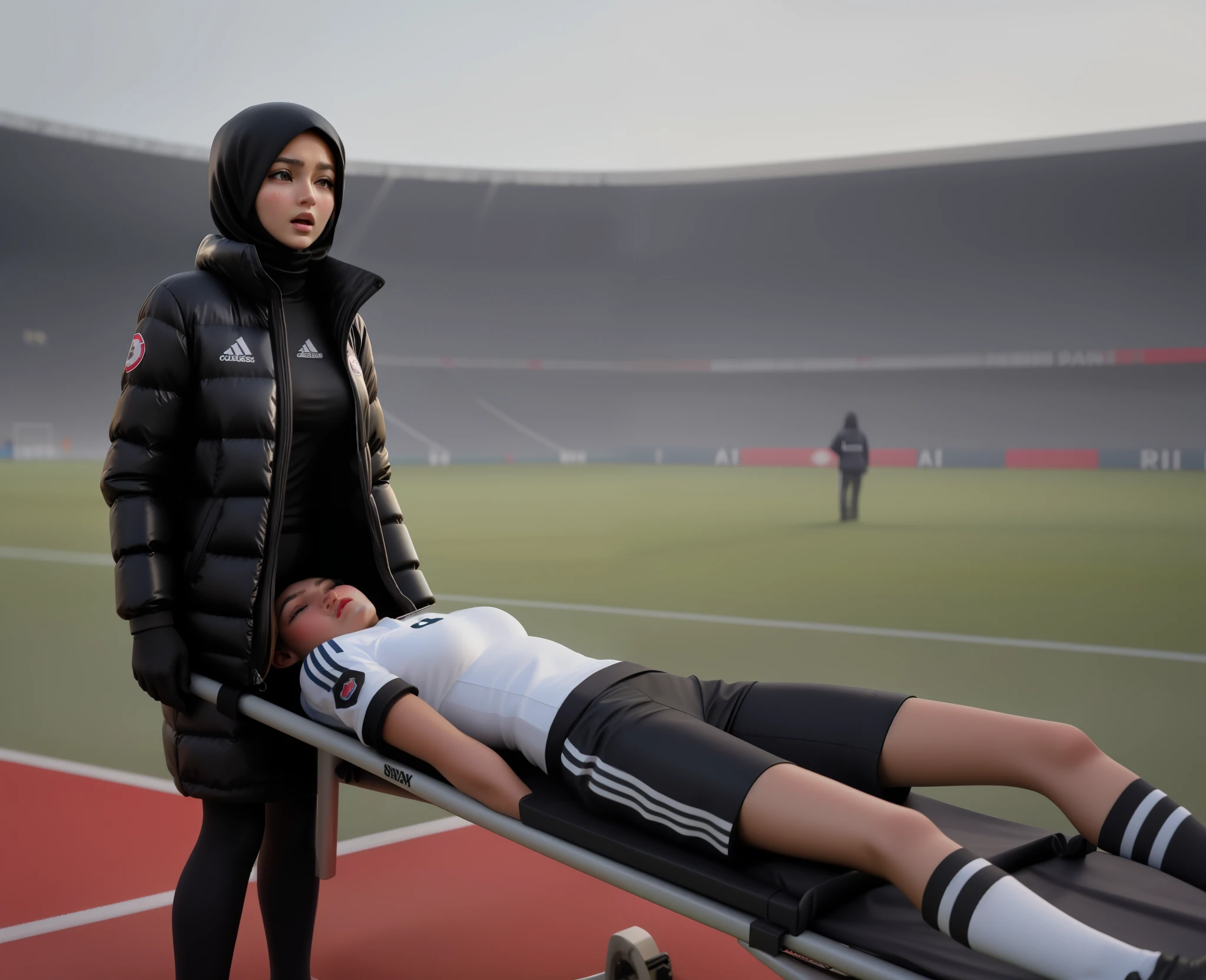 a man on a stretcher, a muslim woman is wearing a laquered Moncler downcoat made from very shiny patent fabric, lacquered and very shiny Moncler down coat, Woman in hijab carrying a man on a soccer field, Realistische Szene, realistische Aufnahme, Ein hyperrealistisches, Detaillierte Szene, a very smooth and very shiny and very glossy padded Moncler down coat, His hands cover his face, The man held his hands in front of his face, Both hands are in front of his face, Bald man on a stretcher, die von einer Frau getragen wird, Gargling woman in shiny black plastic coat in front of us with angry face and extremely horrified and desperate expression on her face from right to left across the football field, Frau, who wears a stretcher in a horizontal orientation, on which lies an injured footballer in dull and dusty blue sportswear, The footballer lies sideways on the stretcher, the legs slightly bent and the upper body turned towards us, and has both arms bent and his hands in front of his face, The footballer's head on the stretcher lies close to the women's deep black plastic coat and is covered by the footballer's arms and hands, The footballer in the Cotton Sportswear mat has his hands clasped in front of his face in pain, eine Aura des Schmerzes und der Traurigkeit ausstrahlend, The beautiful woman in the shiny black plastic coat carries the injured soccer player on the stretcher, which she carries across the soccer field in front of our eyes, In the background you can see the occupied stands of a football stadium, A football match in Italy, Sportverletzung, Transport auf der Trage, Jennifer Lopez, high res photo, Ultra-realistisches Foto, Fotorealistische Aufnahme, Super high-resolution and sharp photo, Shiny black plastic burqa, Bester Schuss, Beeindruckendes Gewinnerfoto, realistische Aufnahme, Perfekter Schuss, verletzt, Intensiver Moment, 📷