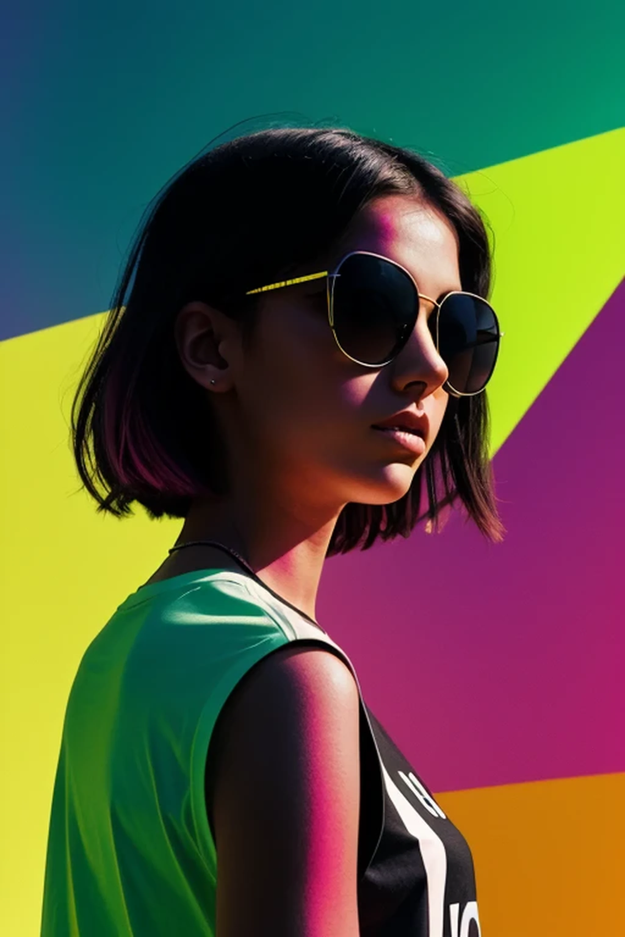 distance from view, vector for t-shirt design, funky girl with sunglasses standing on the green and yellow panels behind, in the style of ethereal light effects, minimalistic portraits, dark black and pink, intense gaze, colorful installations, portraits with soft lighting, bold lines, vivid colors -