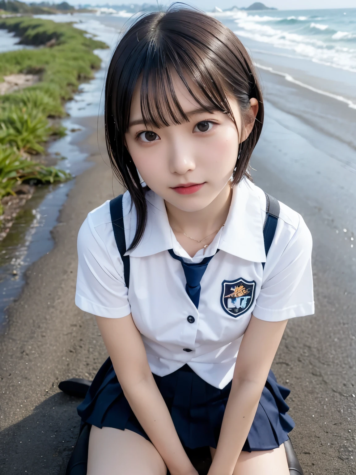 Best quality,raw photo , 19 years old Japanese female idol, face focus , face closeup ,from above , selfie , POV , dynamic angle,leaning forward, Squatting, Spread legs, school uniform , kneehighs , undies ,Short hair, bowl cut ,cute face ,edgy,droop ,wet , on the beach, rain,