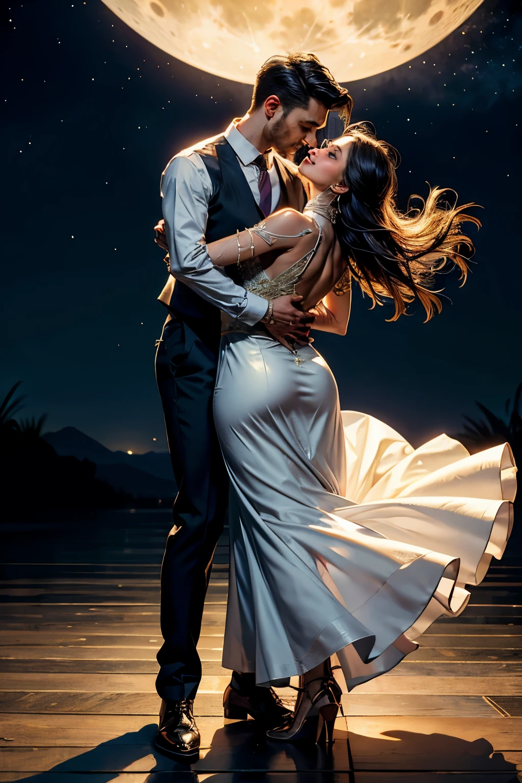 Ultra-detailed, Hyper-realistic: A Couple Dancing with Salsa or Bachata Style (Night, Full Moon, and Stars Background)

Amidst the tranquil night, a captivating dance unfolds between two passionate individuals. The man, with a confident gaze, holds his partner close, their bodies moving in perfect harmony as they execute salsa or bachata steps. His attire is impeccably detailed - the creases on his shirt, the intricate stitching on his slacks, and the polished leather of his shoes. In contrast, the woman's flowing dress cascades around her feet, its fabric shimmering under the