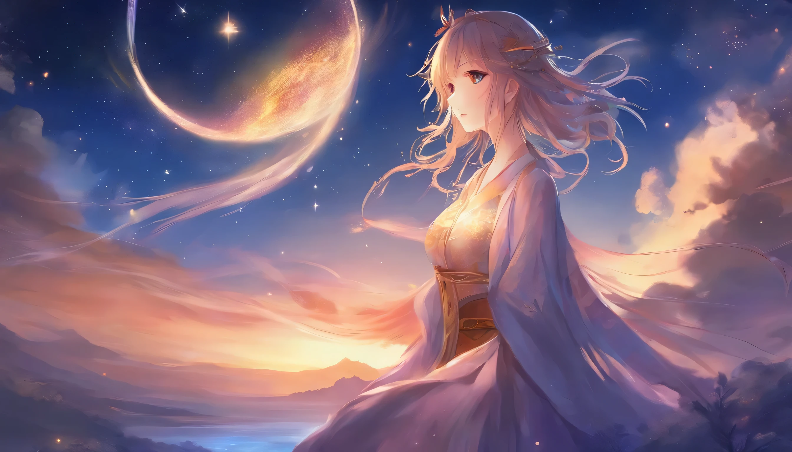 Anime girl looking at the stars in the sky, Animation inspired by Kikugawa Eizan, Popular topics on pixiv, fantasy art, Animation Art Wallpaper 8k, Anime Art Wallpaper 4k, Anime Art Wallpaper 4k, anime wallpaper 4k, anime wallpaper 4k, 4k anime wallpaper, Beautiful fantasy anime, anime fantasy artwork, Beautiful anime