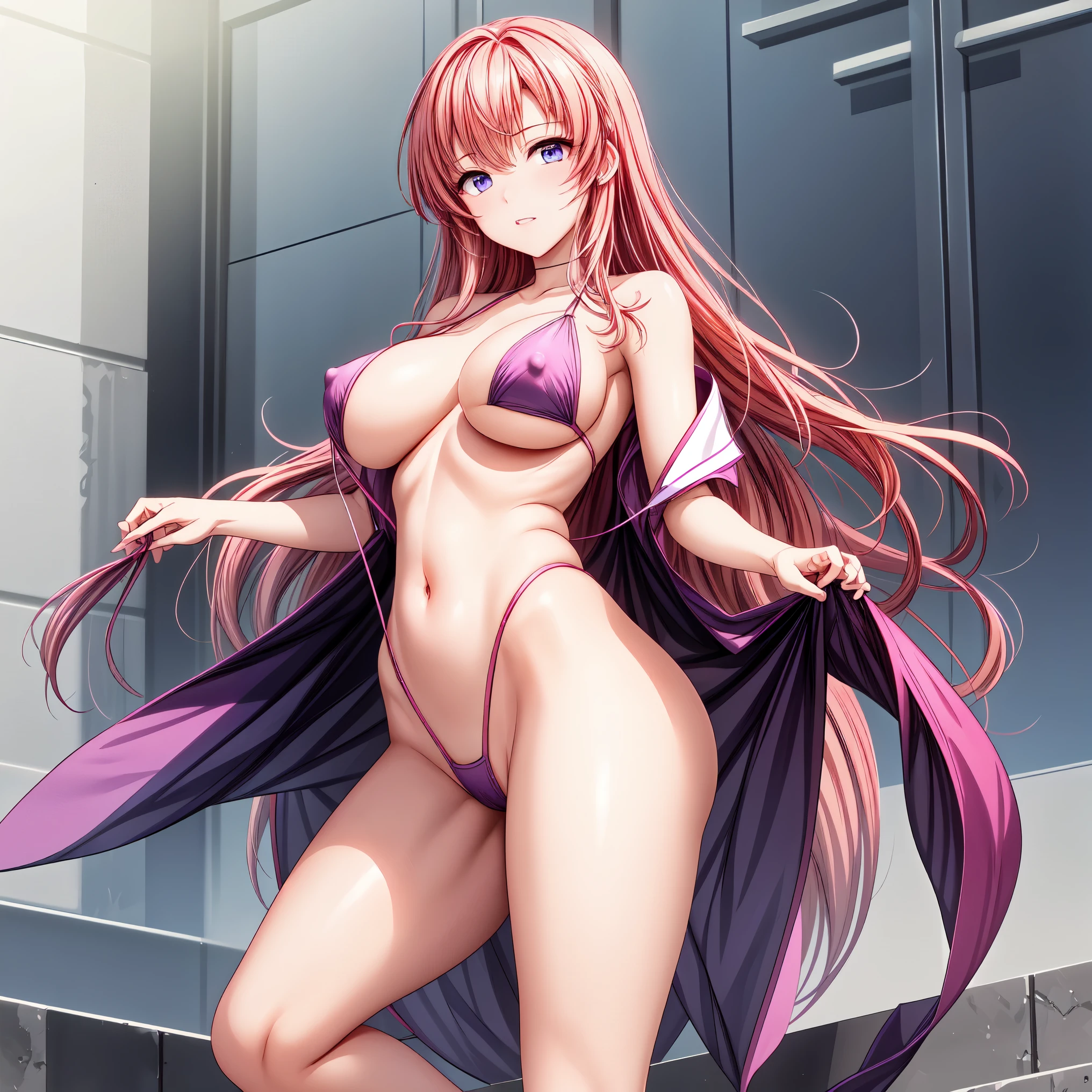 masterpiece, highest quality,beautiful eyes, beautiful hair, beautiful face, beautiful skin, solo, 1 girl, erect nipples, anime girl, (whole body), curvy, beautiful breasts,shiny skin,shining eyes, smooth skin, glowing skin, soft skin, shiny skin, （A purple slingshot swimsuit with no decorations on the shoulders, neck, or abdomen.)、side boob, cleavage, bare legs, (bare navel:1.3), high heels, pink hair, bare neck, bare shoulder, bare collarbone, standing