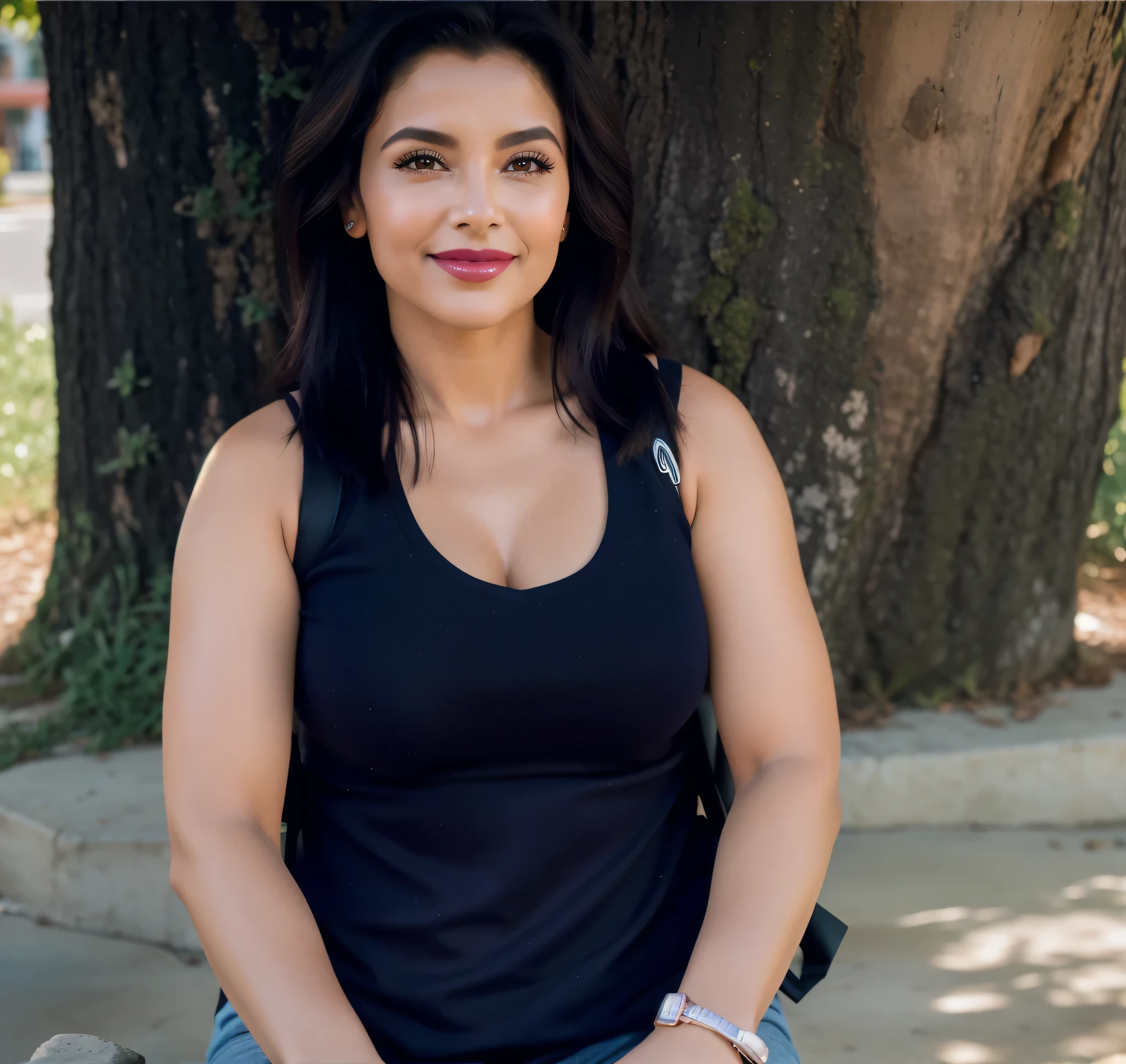 Woman sitting on a bench in front of a tree with a backpack, with a tree in the background. Mulher de pele branca e cabelos escuros. Ela tem cerca de 45 anos. Seus pink lips, seus olhos castanhos escuros, grandes e charmosos. Corpo magro, cintura fina. Your body exudes glamor and your face is the definition of beauty. altamente realista, lindo, pink lips, batom rosa, sorridente, feeling of lightness and joy, pele muito elaborada. foto clara, alta qualidade, high resolution, obra-prima, 8K.