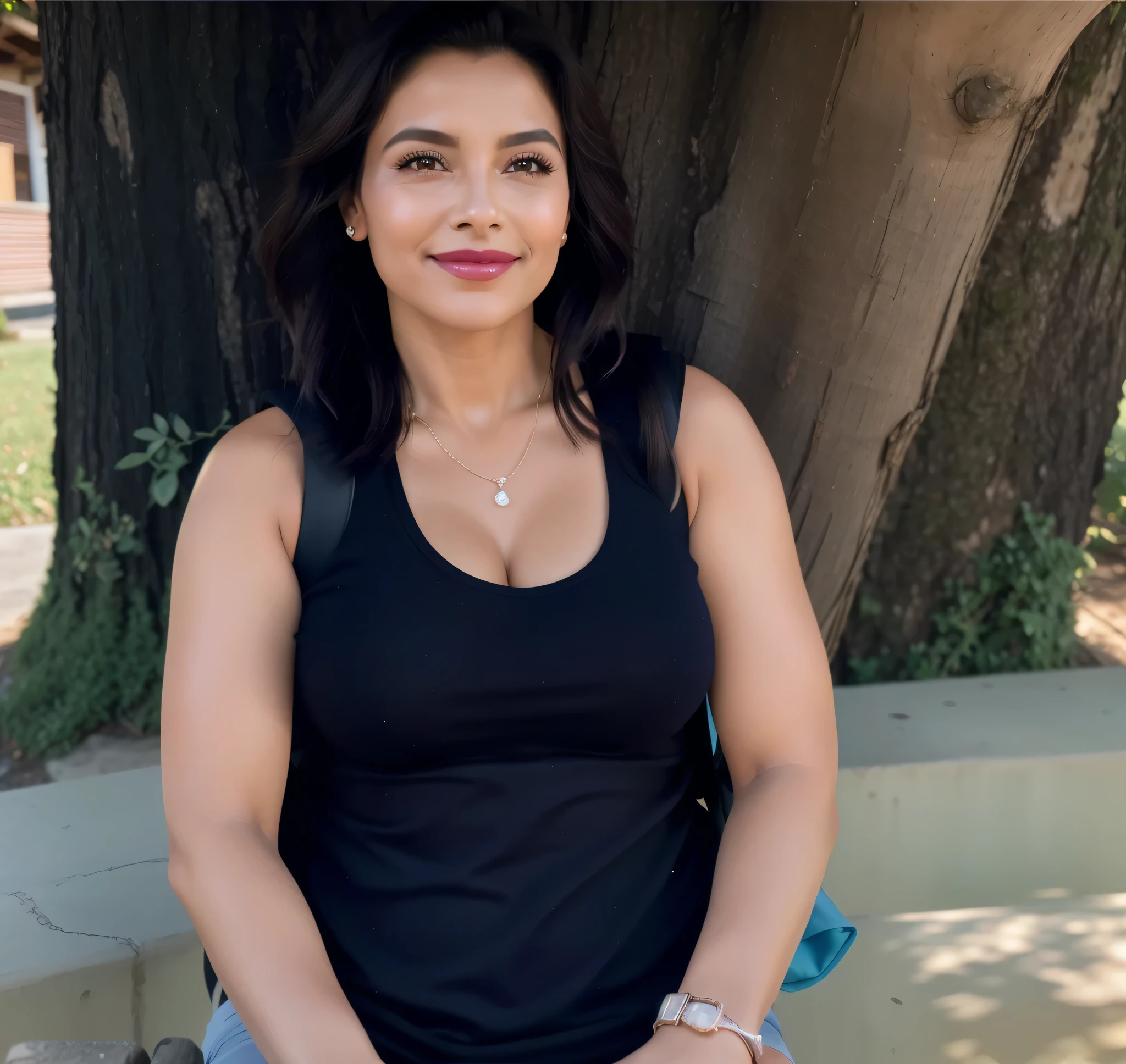 Woman sitting on a bench in front of a tree with a backpack, with a tree in the background. Mulher de pele branca e cabelos escuros. Ela tem cerca de 45 anos. Seus pink lips, seus olhos castanhos escuros, grandes e charmosos. Corpo magro, cintura fina. Your body exudes glamor and your face is the definition of beauty. altamente realista, lindo, pink lips, batom rosa, sorridente, feeling of lightness and joy, pele muito elaborada. foto clara, alta qualidade, high resolution, obra-prima, 8K.