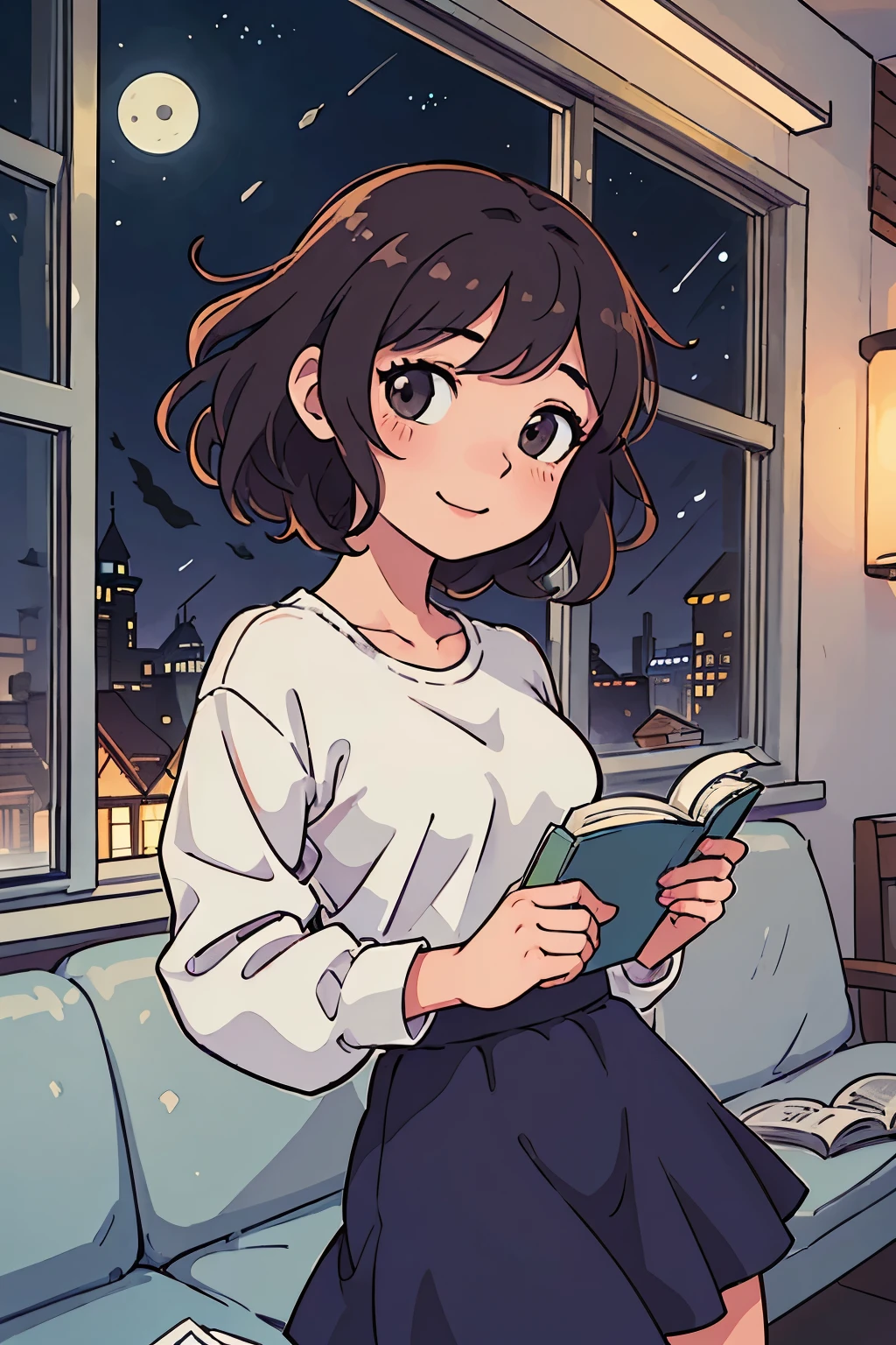 (highest quality:0.8) perfect anime illustration, cute, night、moonlight、window、happy woman with short brown curly hair, Wearing random clothes, skirt　I read a book