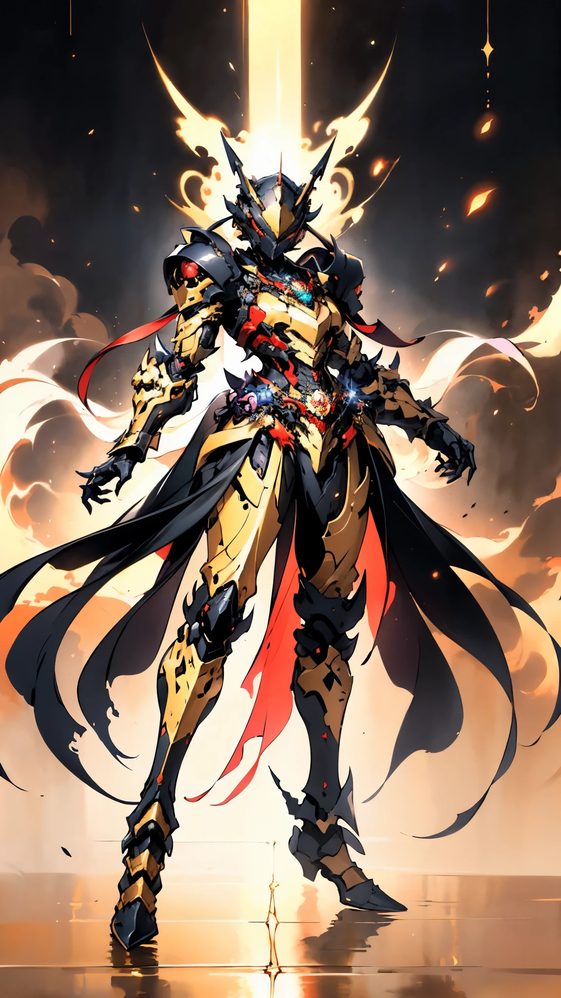 A woman adorned in fantasy-style full-body armor, a crown-concept fully enclosed helmet that unveils only her eyes, a composite layered chest plate, fully encompassing shoulder and hand guards, a lightweight waist armor, form-fitting shin guards, the overall design is heavy-duty yet flexible, ((the armor gleams with a golden glow, complemented by red and blue accents)), exhibiting a noble aura, she floats above a fantasy-surreal high-tech city, this character embodies a finely crafted fantasy-surreal style armored hero in anime style, exquisite and mature manga art style, (Queen bee mixed with Spider concept Armor, plasma, blood), ((Element, energy, elegant, goddess, femminine:1.5)), metallic, high definition, best quality, highres, ultra-detailed, ultra-fine painting, extremely delicate, professional, anatomically correct, symmetrical face, extremely detailed eyes and face, high quality eyes, creativity, RAW photo, UHD, 32k, Natural light, cinematic lighting, masterpiece-anatomy-perfect, masterpiece:1.5