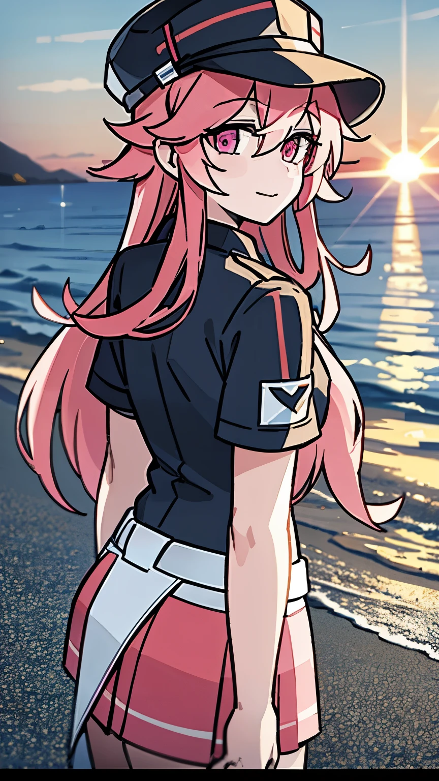 beach,seaside,Sunset,8k resolution,pink long hair,pink eyes,Uniforms,lol