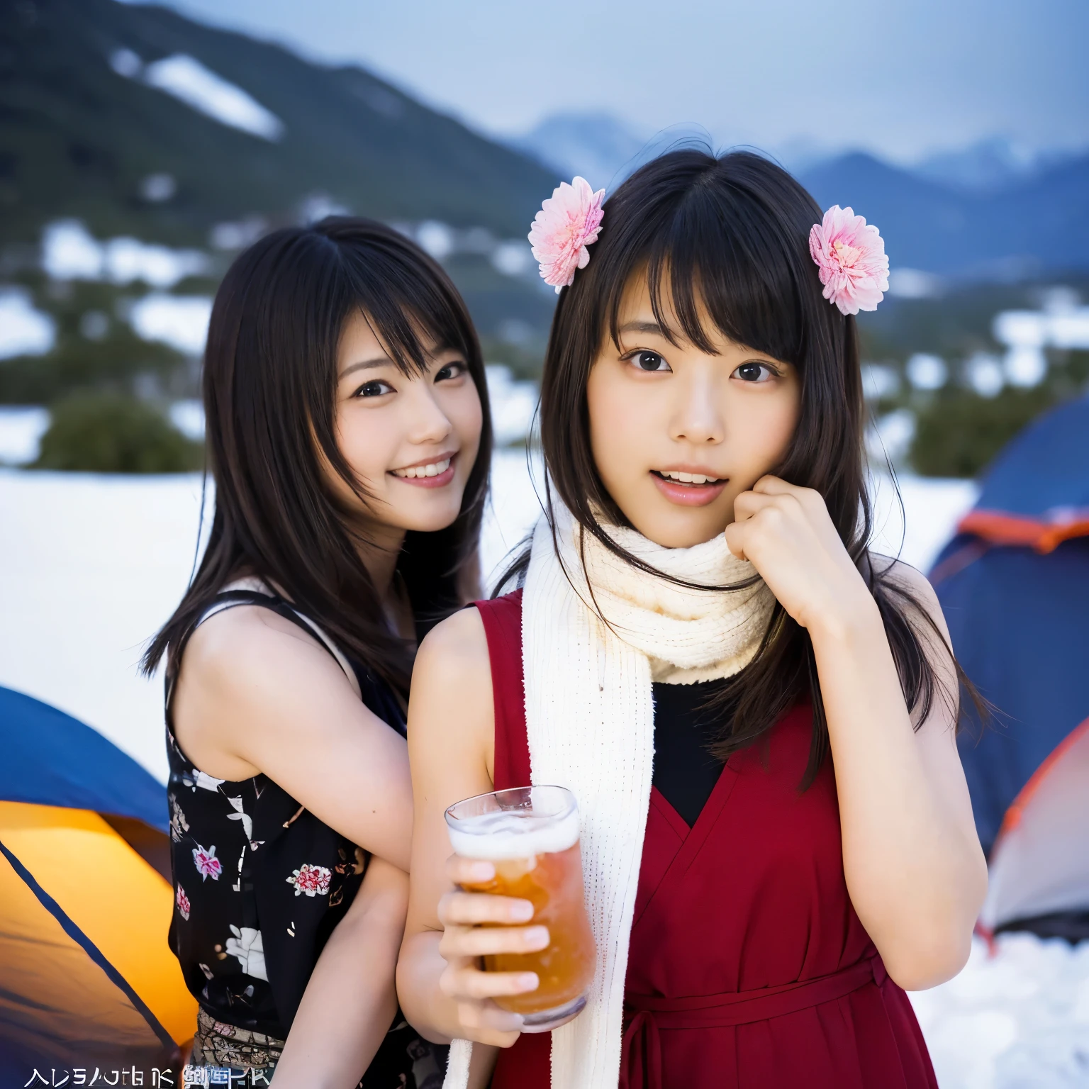 highest quality, masterpiece, ultra high resolution, (realistic:1.4), Raw photo, very detailed, perfect anatomy, 

In the middle of a beautiful full moon, 

Many young girls enjoying tent camping in snowy mountains, All members of popular Japanese idol groups, Detailed snowy mountains, 

((everyone color々I drink different types of alcohol, everyone is completely drunk)), 

(((So cute、Drunk face like the most famous Japanese idol, all very beautiful、Drunk eyes in very large black solid circles, Every detail is cute and drunk、She looks like the most famous Japanese idol, Beautiful very large black solid circle eyes with all details)))