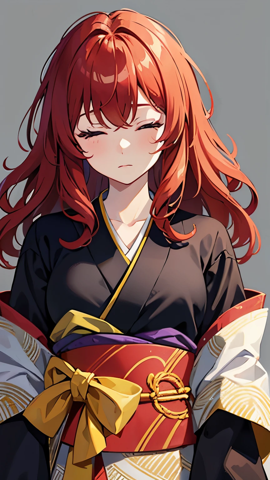 masterpiece, highest quality, alone, (portrait:1.1), (Upper body:1.1), medium breasts, No expression, 1 girl, alone, (wavy hair, messy hair:1.1), redhead, highest quality, Super detailed, 1 female, alone, Are standing, medium hair, Dull bangs do not look at the viewer,kimono,20-year-old,through background,Both eyes are hidden by bangs、eyes closed