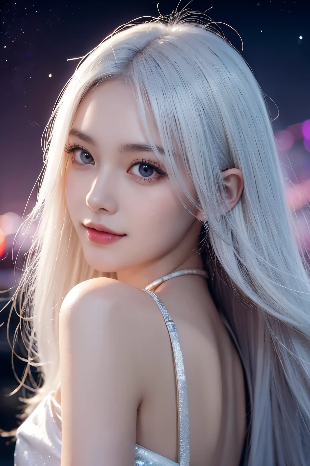 (masterpiece), (best quality), white hair, red Eye,1 girl, pale skin, white hair, red Eye, two tone hair, eyelash, bracelet, jewelry, Smile, skin sparkling, shiny hair, Detailed and majestic stage, fantasy, long hair, 1 girl, bicolor hair, night sky, 令人难以置信的细致CG插画masterpiece, looking at you, japanese manga, beautiful japanese manga Eye, beautiful detailed Eye, Eye, glittering Eye, red Eye, galaxy, nebula, (whole body), (bending),