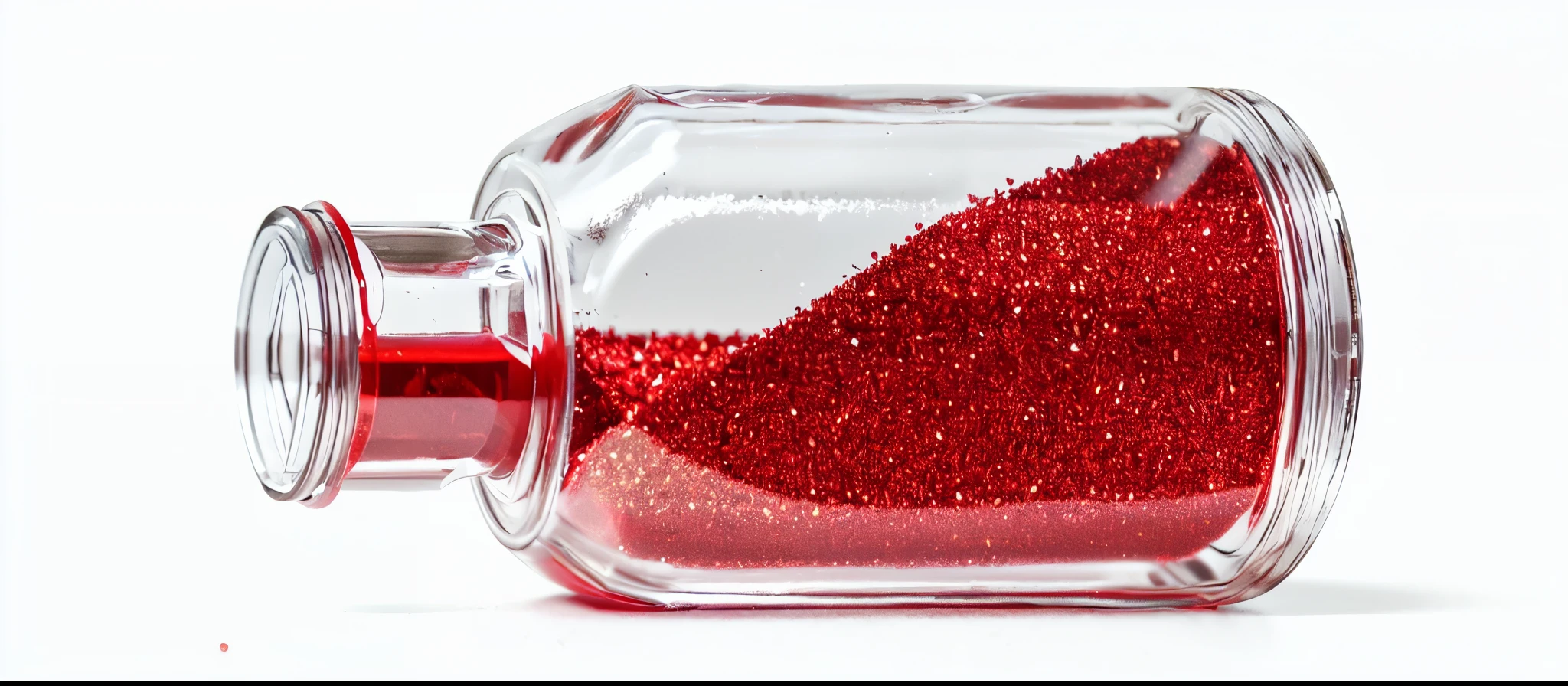 glitter in a jar, a transparent bottle filled with red glitter that spills out of it. there is a red substance in a glass jar on a white surface, red liquid, red fluid, red!! sand, Health potion, shine, strange red particles, metallic red, A galaxy in a bottle, shine gif, red sand, glowing red, red ink sharp focus, red gems scattered like dust, Close-up photo of the product, red ink, red dust