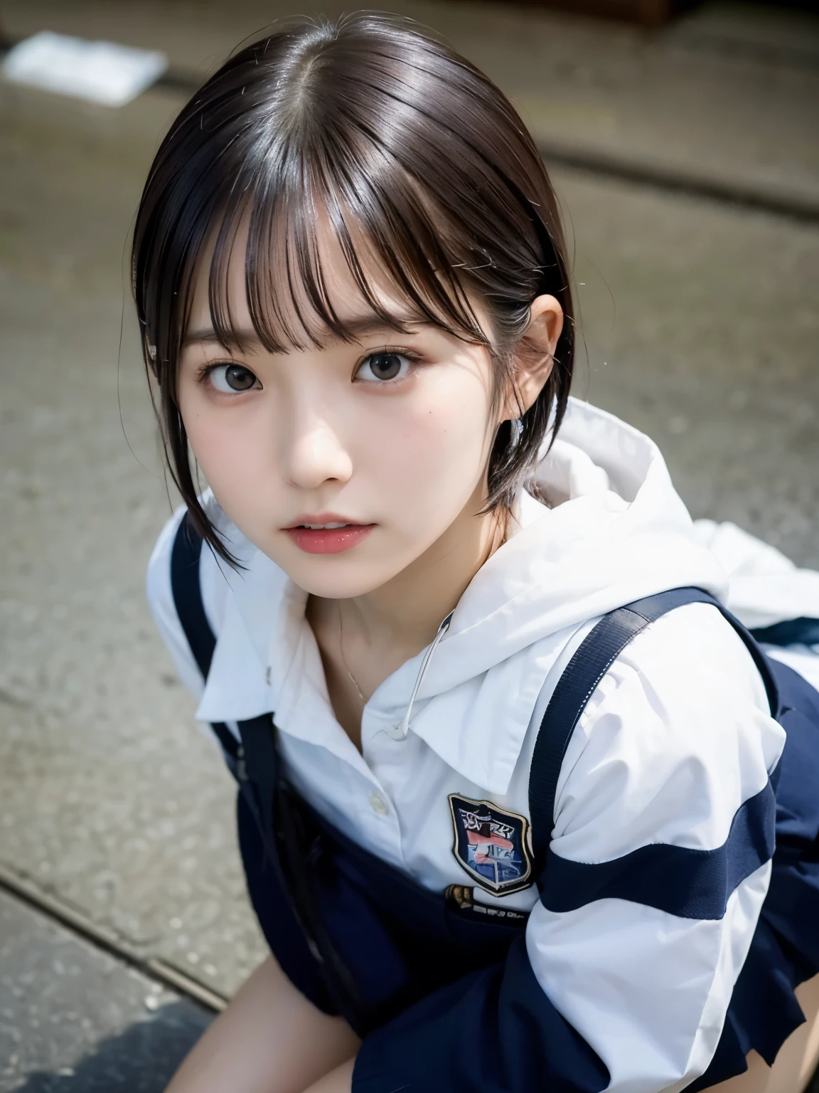 (masterpiece、High level image quality、high quality、16k),japanese girl,18-year-old,Idol,Cool beautiful face,small face,Distract your gaze, black hair,long straight hair, (from return),((looking for_return:1.05), dark blue_Schooluniform,School_room_shoes, School_rooftop,sit,stand up,model、Professional