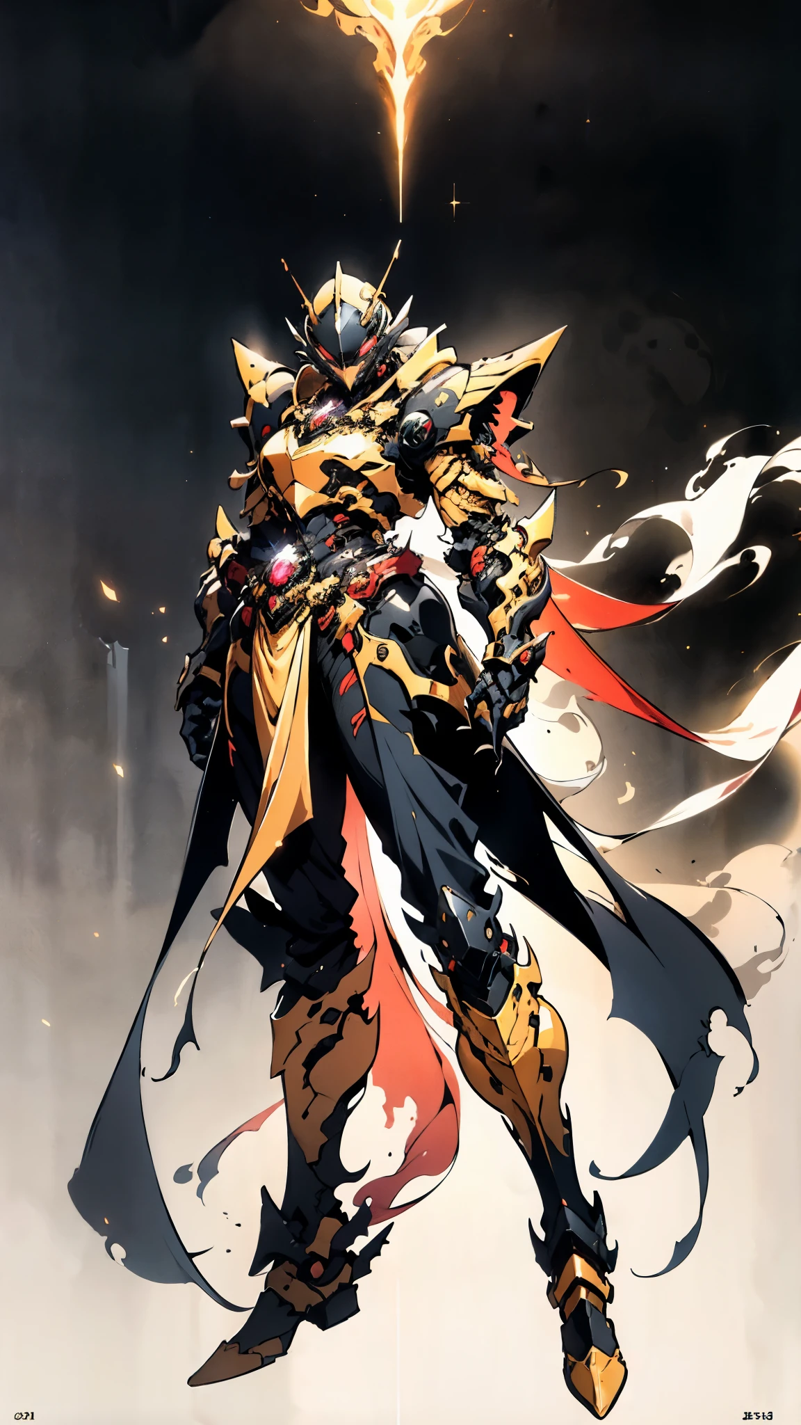 A woman adorned in fantasy-style full-body armor, a crown-concept fully enclosed helmet that unveils only her eyes, a composite layered chest plate, fully encompassing shoulder and hand guards, a lightweight waist armor, form-fitting shin guards, the overall design is heavy-duty yet flexible, ((the armor gleams with a golden glow, complemented by red and blue accents)), exhibiting a noble aura, she floats above a fantasy-surreal high-tech city, this character embodies a finely crafted fantasy-surreal style armored hero in anime style, exquisite and mature manga art style, (Queen bee mixed with Spider concept Armor, plasma, blood), ((Element, energy, elegant, goddess, femminine:1.5)), metallic, high definition, best quality, highres, ultra-detailed, ultra-fine painting, extremely delicate, professional, anatomically correct, symmetrical face, extremely detailed eyes and face, high quality eyes, creativity, RAW photo, UHD, 32k, Natural light, cinematic lighting, masterpiece-anatomy-perfect, masterpiece:1.5