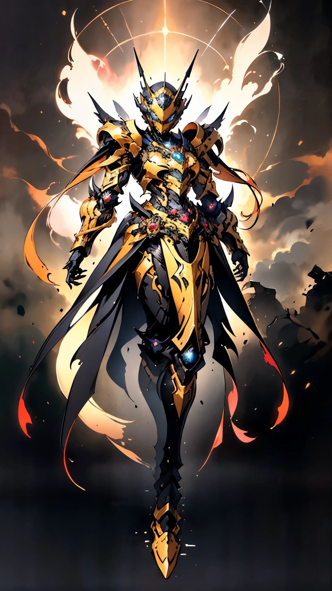 A woman adorned in fantasy-style full-body armor, a crown-concept fully enclosed helmet that unveils only her eyes, a composite layered chest plate, fully encompassing shoulder and hand guards, a lightweight waist armor, form-fitting shin guards, the overall design is heavy-duty yet flexible, ((the armor gleams with a golden glow, complemented by red and blue accents)), exhibiting a noble aura, she floats above a fantasy-surreal high-tech city, this character embodies a finely crafted fantasy-surreal style armored hero in anime style, exquisite and mature manga art style, (Queen bee mixed with Spider concept Armor, plasma, blood), ((Element, energy, elegant, goddess, femminine:1.5)), metallic, high definition, best quality, highres, ultra-detailed, ultra-fine painting, extremely delicate, professional, anatomically correct, symmetrical face, extremely detailed eyes and face, high quality eyes, creativity, RAW photo, UHD, 32k, Natural light, cinematic lighting, masterpiece-anatomy-perfect, masterpiece:1.5