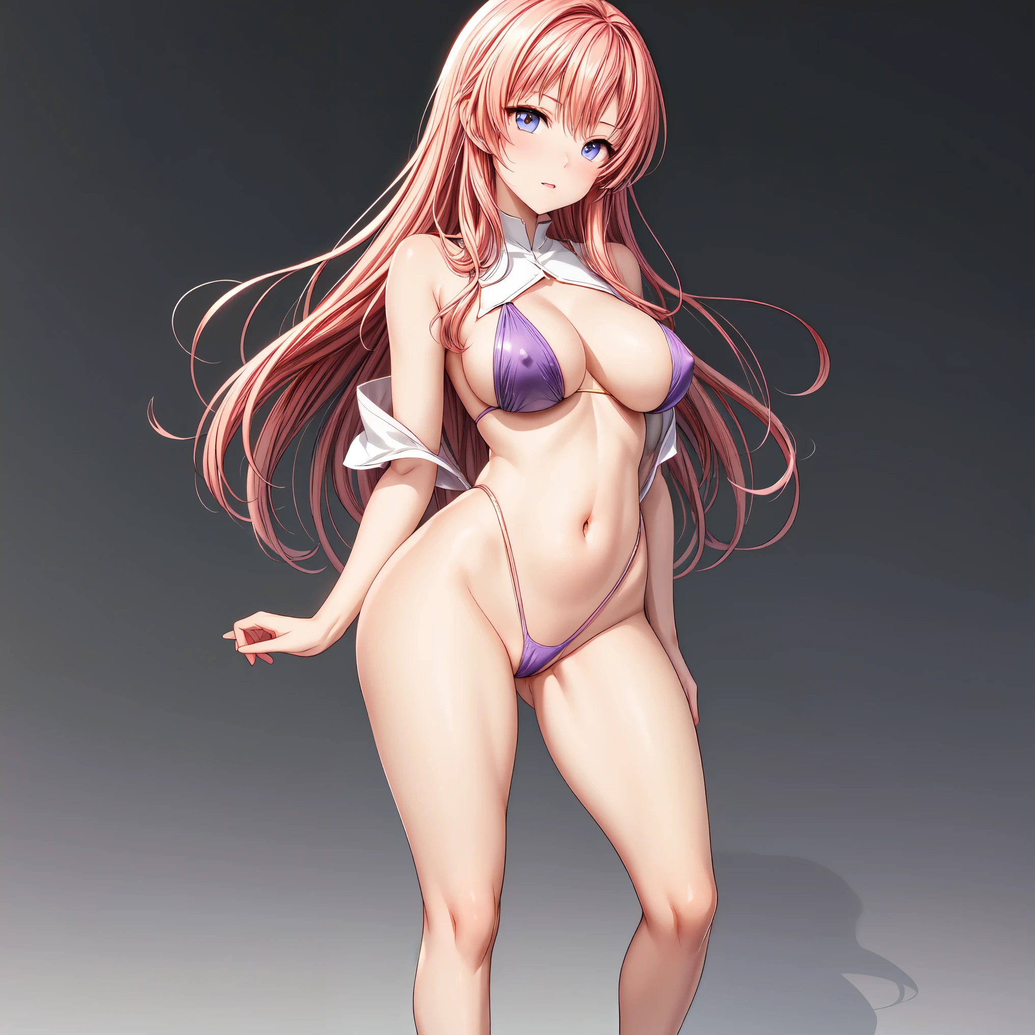 masterpiece, highest quality,beautiful eyes, beautiful hair, beautiful face, beautiful skin, solo, 1 girl, erect nipples, anime girl, (whole body), curvy, beautiful breasts,shiny skin,shining eyes, smooth skin, glowing skin, soft skin, shiny skin, (A purple slingshot swimsuit with no decorations on the shoulders, neck, or abdomen.)、side boob, cleavage, bare legs, (bare navel:1.3), high heels, pink hair, bare neck, bare shoulder, bare collarbone, standing