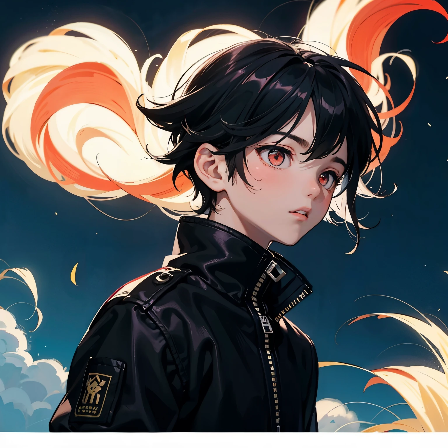 a teenage boy, short black hair and red eyes. his hair was messy in the wind. staring blankly, wearing a black jacket. night sky.