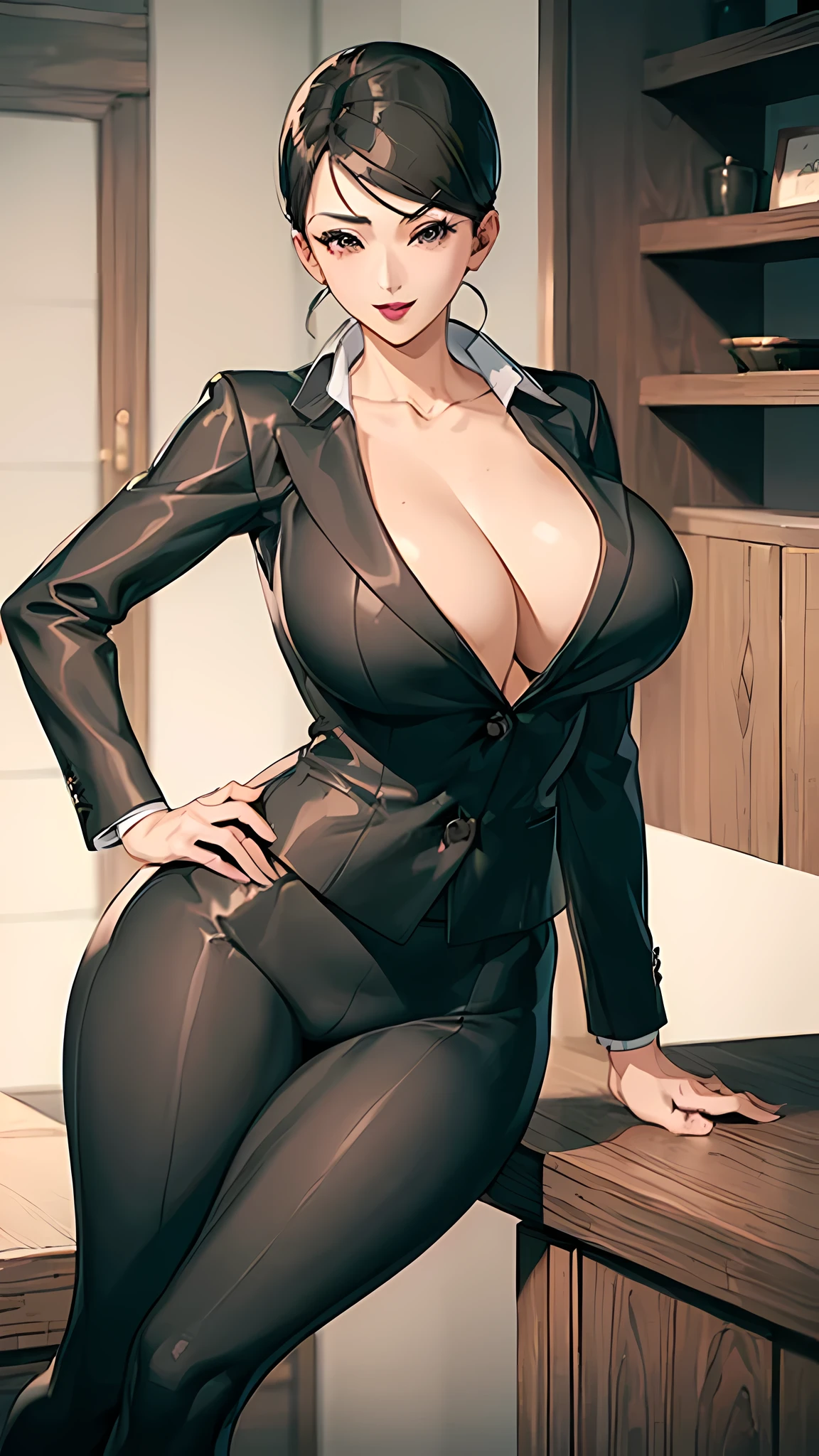 (((1girl))), ((Anime style)), (8k quality, ultra-detailed),portrait, (HDR,UHD),vivid colors,(studio lighting:1.1), Anime girl with black hair, brown eyes, red lip stick, black suit with white collared-shirt, black pants, ((THICK)), MILF, ((big breasts)), wide hips, thick waist, seductive smile.