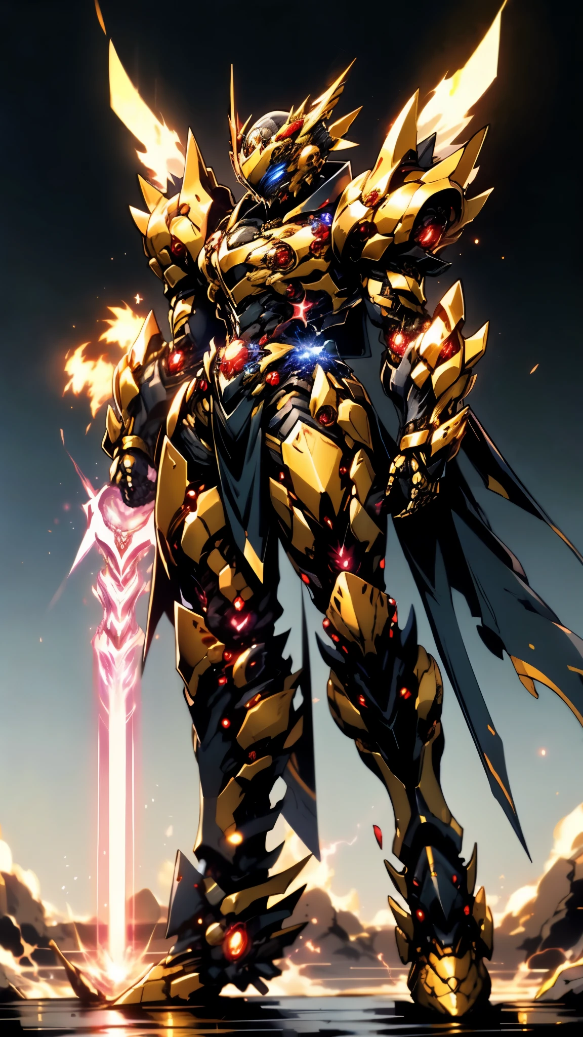 A woman adorned in fantasy-style full-body armor, a crown-concept fully enclosed helmet that unveils only her eyes, a composite layered chest plate, fully encompassing shoulder and hand guards, a lightweight waist armor, form-fitting shin guards, the overall design is heavy-duty yet flexible, ((the armor gleams with a golden glow, complemented by red and blue accents)), exhibiting a noble aura, she floats above a fantasy-surreal high-tech city, this character embodies a finely crafted fantasy-surreal style armored hero in anime style, exquisite and mature manga art style, (Queen bee mixed with Spider concept Armor, plasma, blood), ((Element, energy, elegant, goddess, femminine:1.5)), metallic, high definition, best quality, highres, ultra-detailed, ultra-fine painting, extremely delicate, professional, anatomically correct, symmetrical face, extremely detailed eyes and face, high quality eyes, creativity, RAW photo, UHD, 32k, Natural light, cinematic lighting, masterpiece-anatomy-perfect, masterpiece:1.5