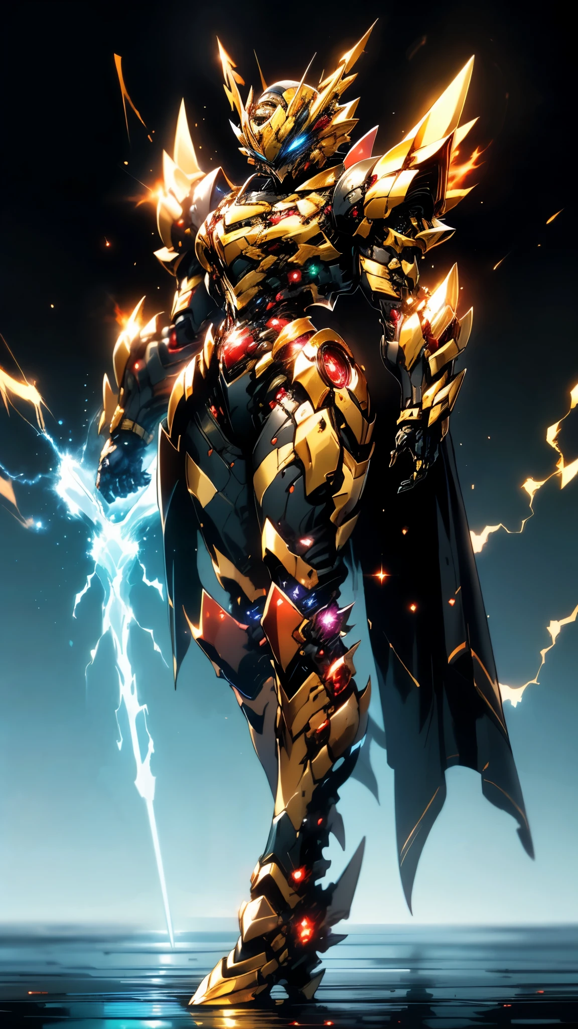 A woman adorned in fantasy-style full-body armor, a crown-concept fully enclosed helmet that unveils only her eyes, a composite layered chest plate, fully encompassing shoulder and hand guards, a lightweight waist armor, form-fitting shin guards, the overall design is heavy-duty yet flexible, ((the armor gleams with a golden glow, complemented by red and blue accents)), exhibiting a noble aura, she floats above a fantasy-surreal high-tech city, this character embodies a finely crafted fantasy-surreal style armored hero in anime style, exquisite and mature manga art style, (Queen bee mixed with Spider concept Armor, plasma, blood), ((Element, energy, elegant, goddess, femminine:1.5)), metallic, high definition, best quality, highres, ultra-detailed, ultra-fine painting, extremely delicate, professional, anatomically correct, symmetrical face, extremely detailed eyes and face, high quality eyes, creativity, RAW photo, UHD, 32k, Natural light, cinematic lighting, masterpiece-anatomy-perfect, masterpiece:1.5